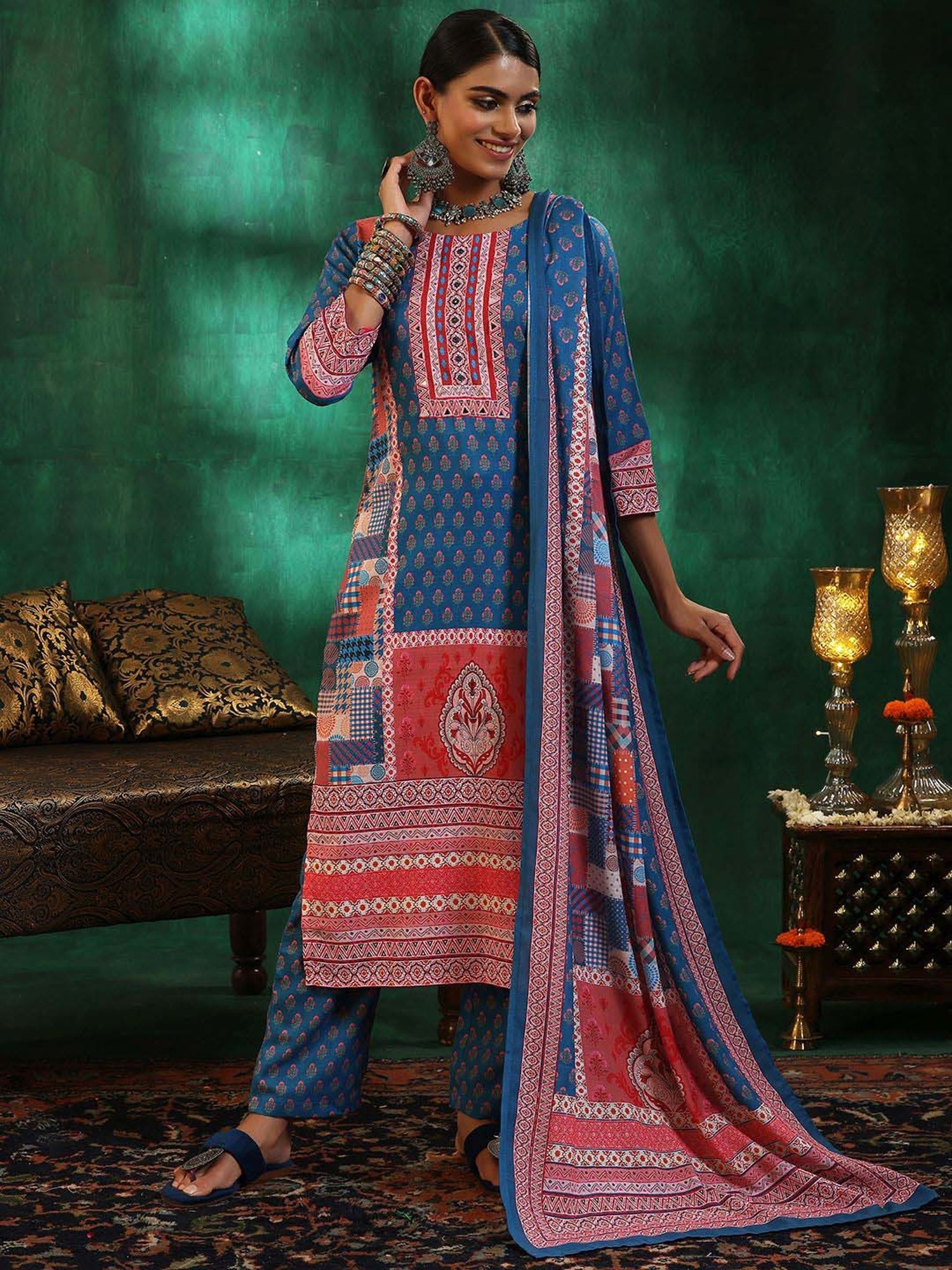 Libas Blue & Pink Linen Printed Kurta Pant Set With Dupatta
