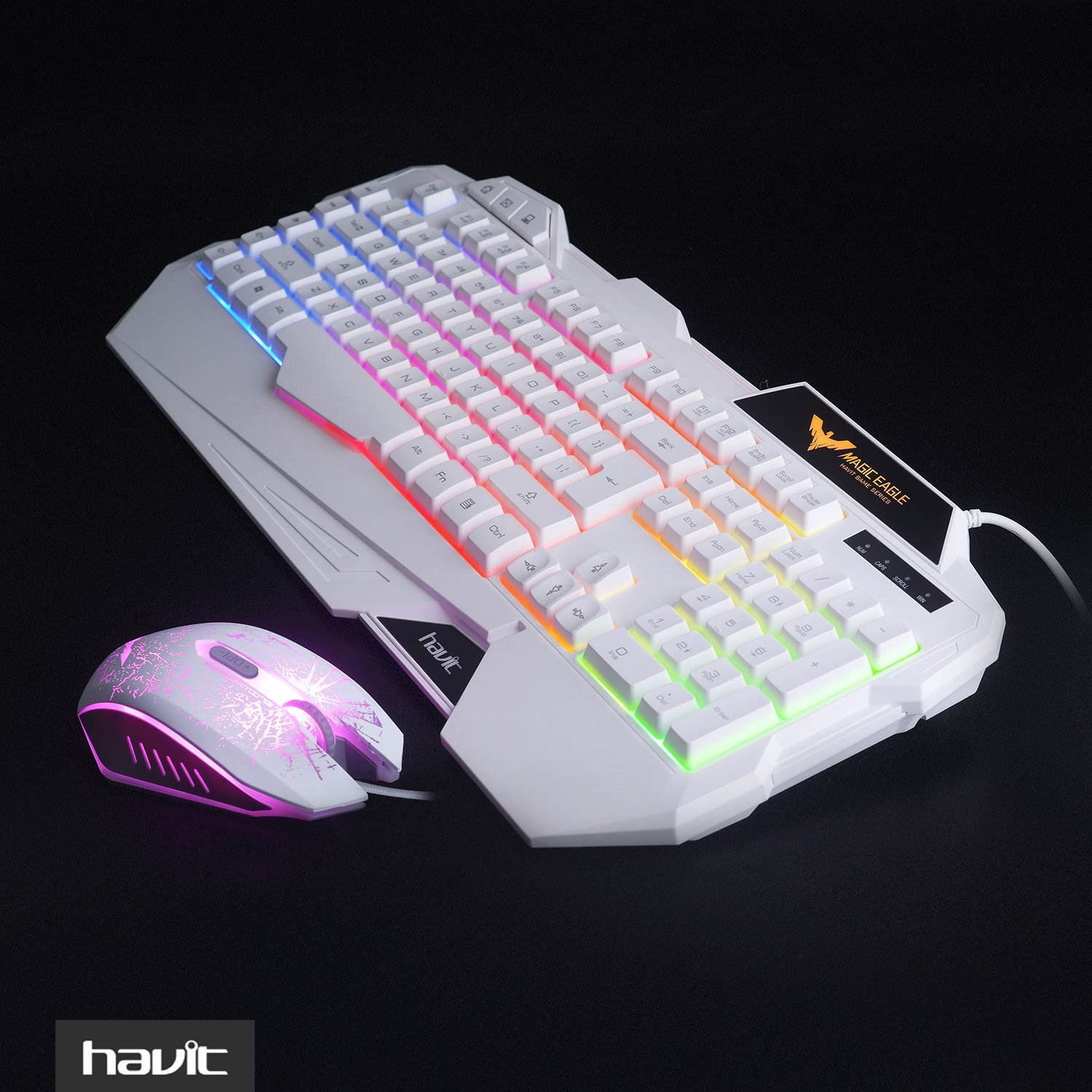 Gaming Keyboard and Mouse Combo, Led Rainbow Backlit Wired Gaming Keyboard and Gaming Mouse,Up to 3200 DPI,19 Anti-ghosting key ,5 multimedia keys - White