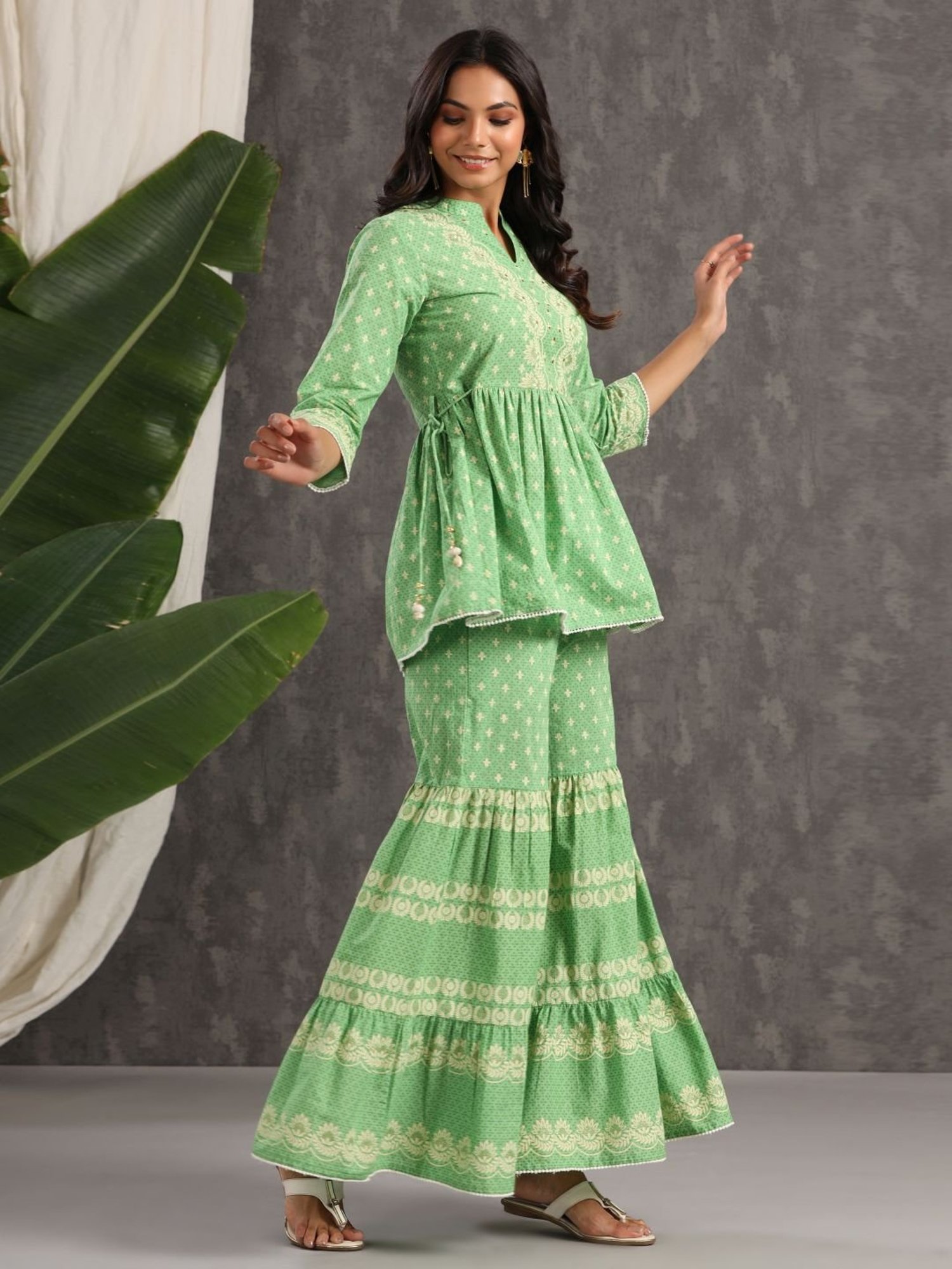 Juniper Green Ethnic Motif Printed Pure Cotton Tunic & Sharara With Sequins & Lace Detail