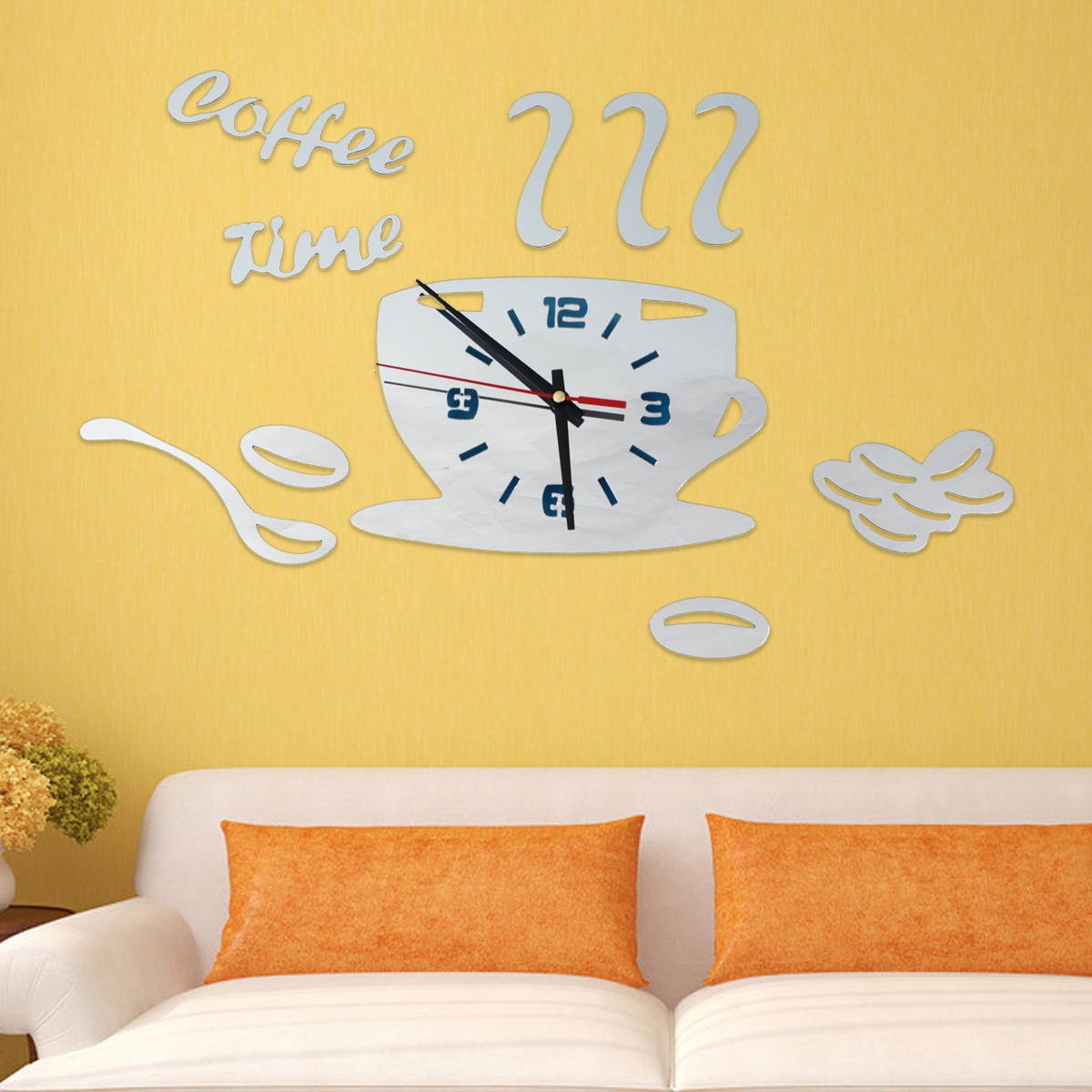 Coffee Cup Pattern Wall Clock Acrylic Clock Creative Wall Sticker Wall Paster Silver
