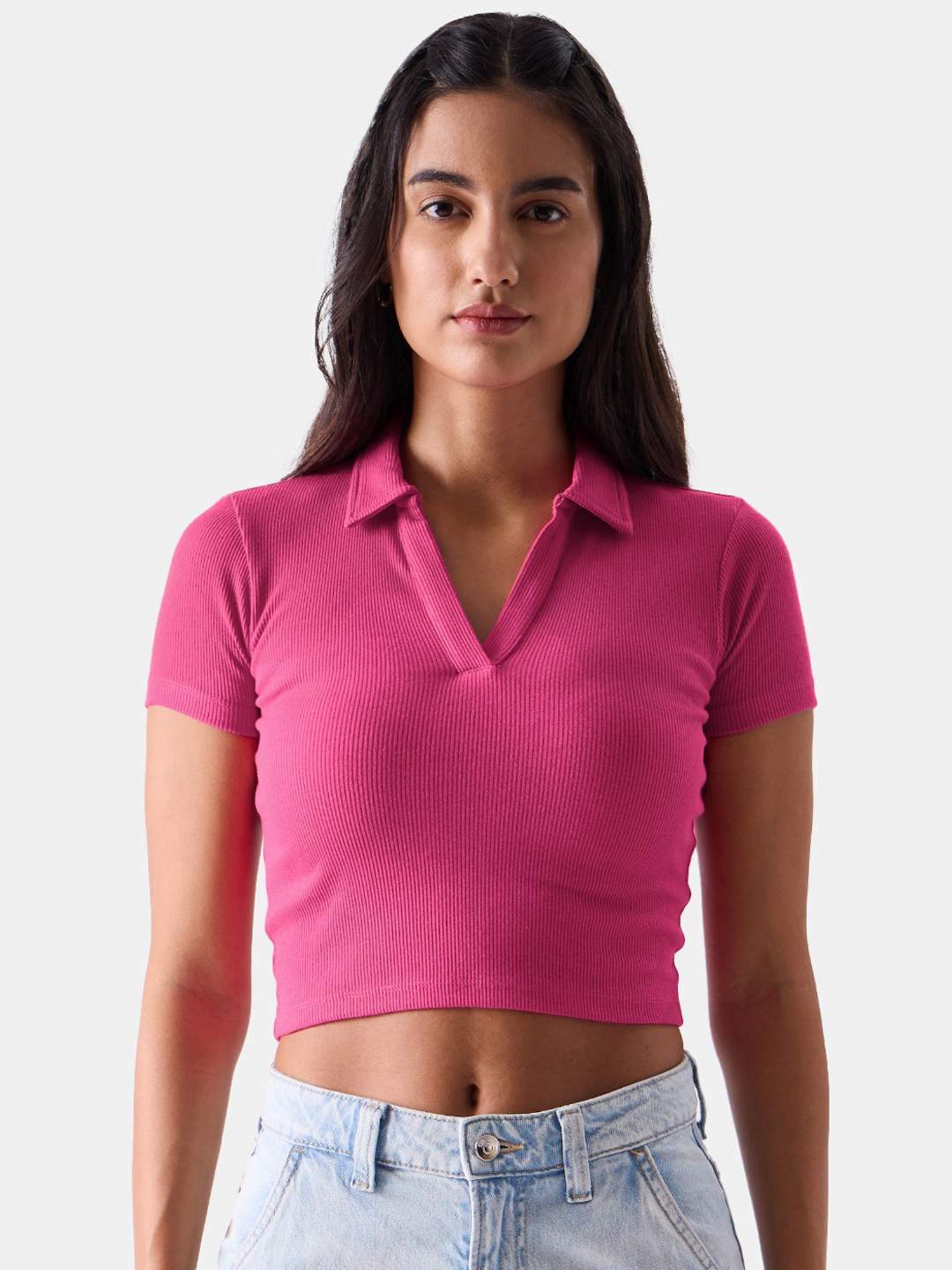 The Souled Store Pink Cotton Striped Crop Top