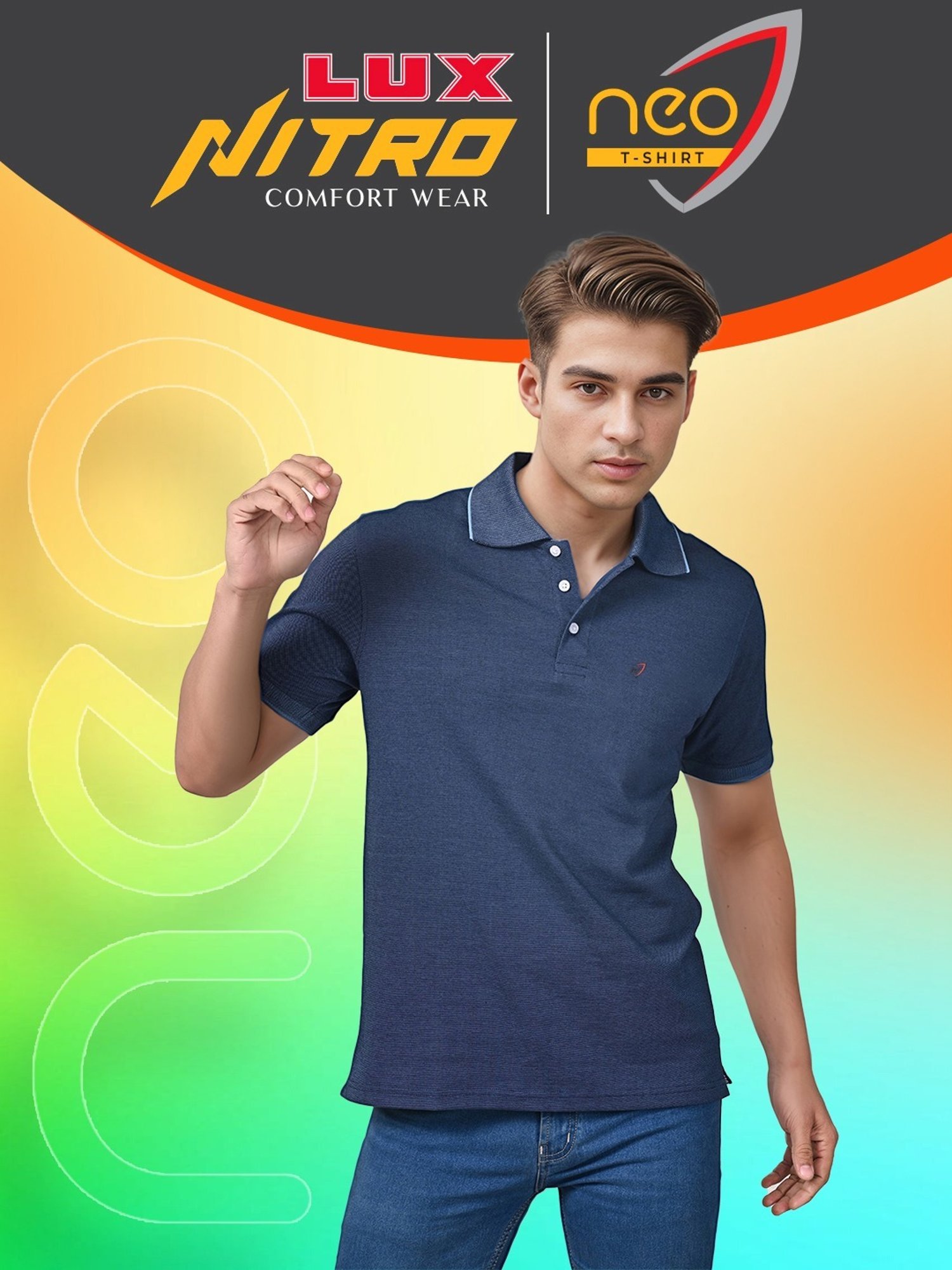 Lux Nitro Denim Blue Cotton Regular Fit Texture Polo T-Shirt