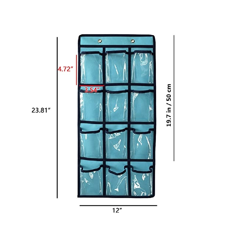 Hanging Closet Underwear Sock Jewelry Storage Over The Door Classroom Cell Phone Calculator Organizer 12 Clear Pockets (Blue)