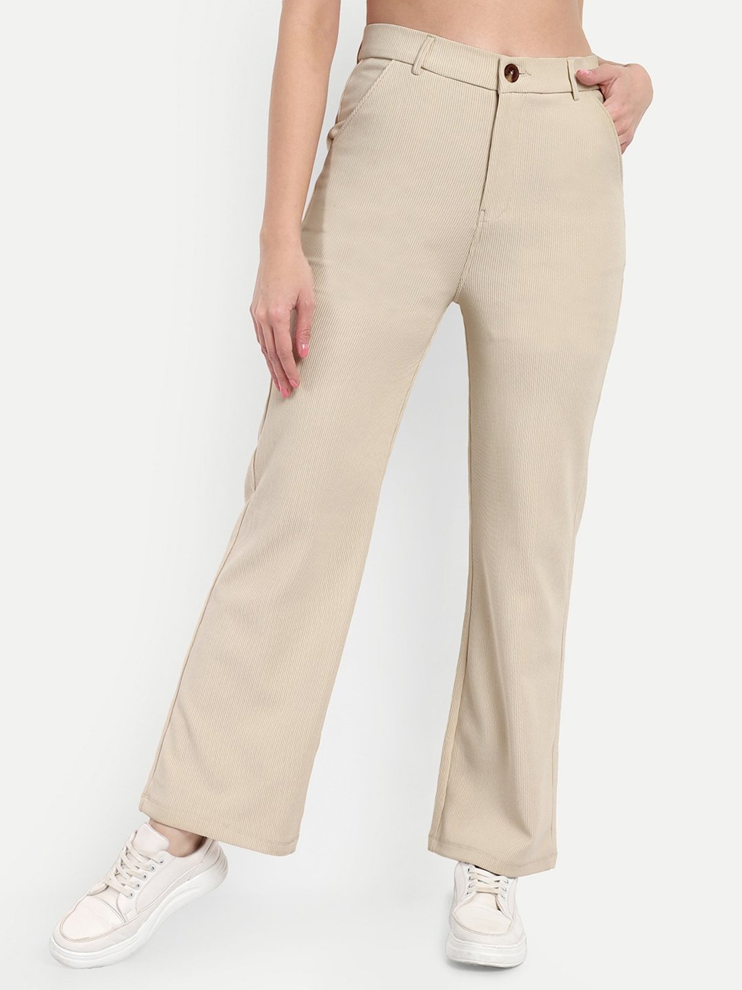 Broadstar Beige Straight Fit High Rise Corduroy Trousers