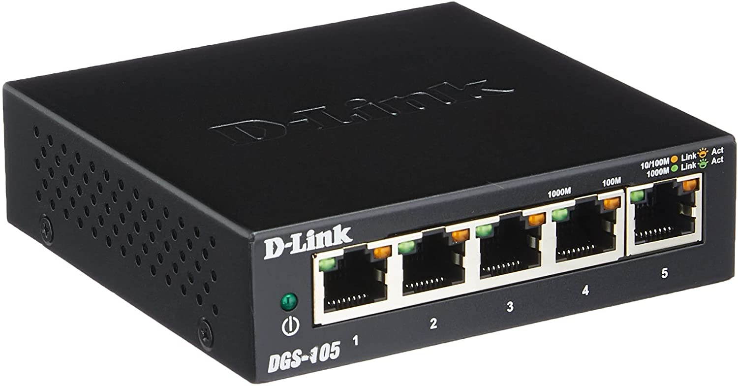 Ethernet Switch, 5 Port Gigabit Unmanaged Metal Desktop Plug and Play Compact (DGS-105)