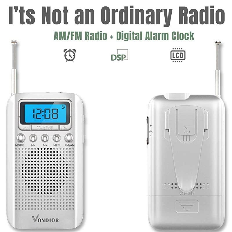 Digital AM FM Portable Pocket Radio with Alarm Clock- Best Reception and Longest Lasting. AM FM Compact Radio Player Operated by 2 AAA Battery, Stereo Headphone Socket (Silver), by