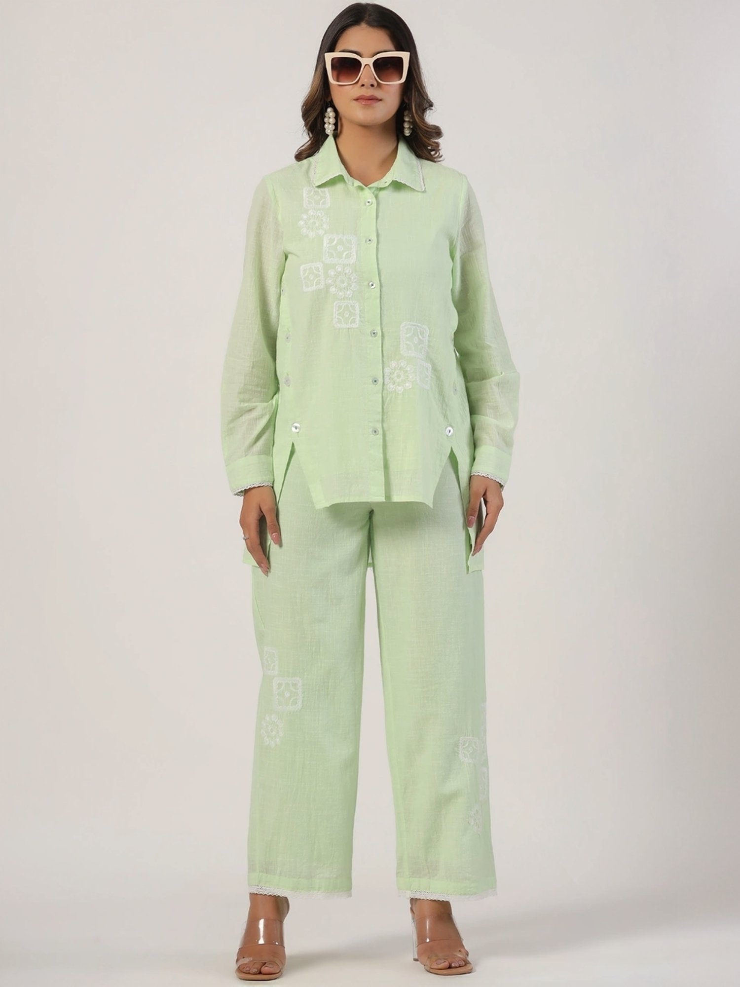 Zolo Label Pista Green Cotton Embroidered Shirt Palazzo Set