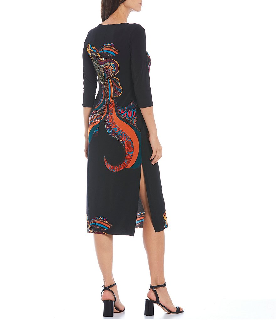 Eva Varro Fish Placement Print Knit Side Slit Boat Neck 3/4 Sleeve Midi Dress