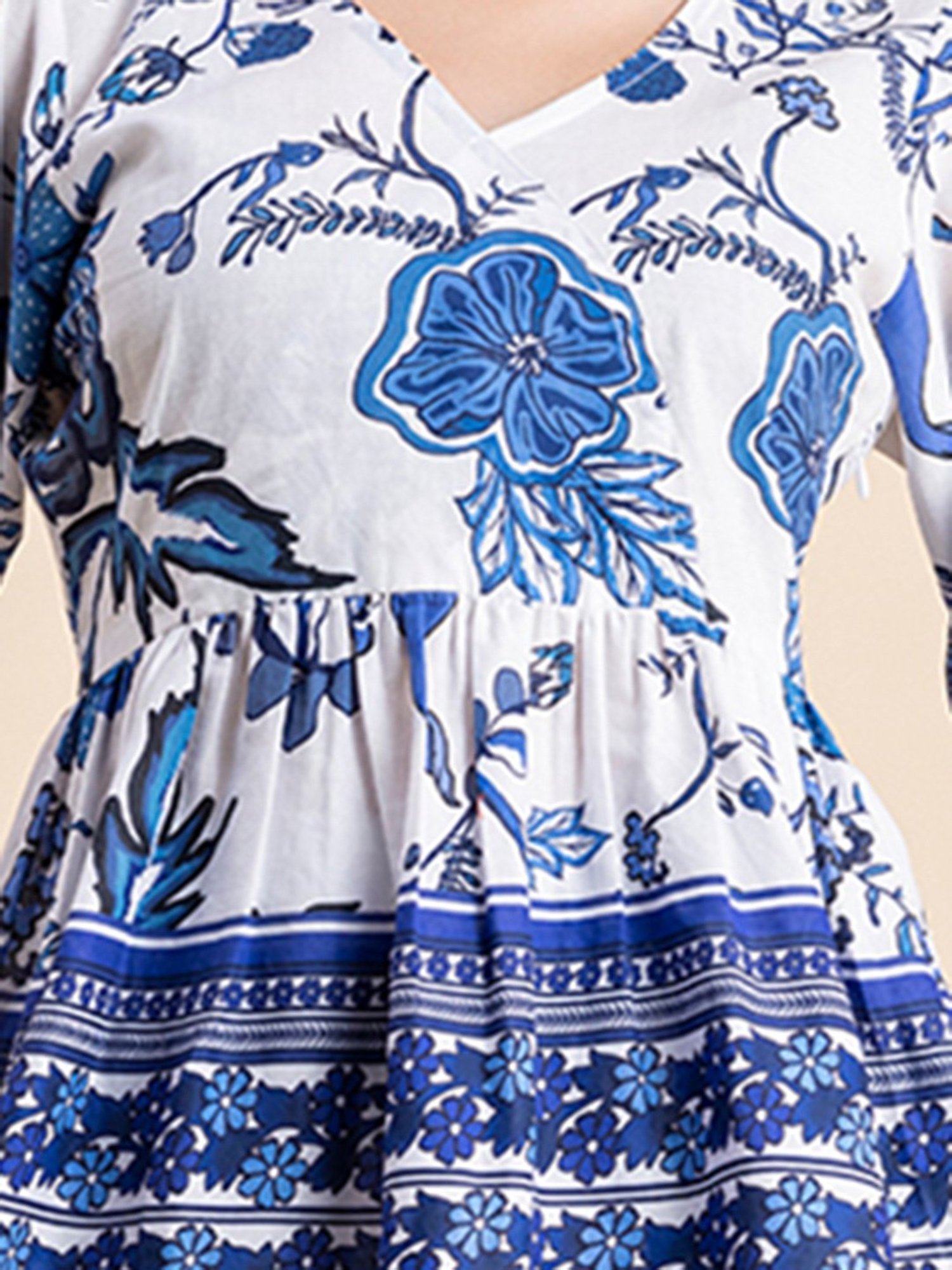 Moomaya White & Blue Cotton Floral Print Top With Pants