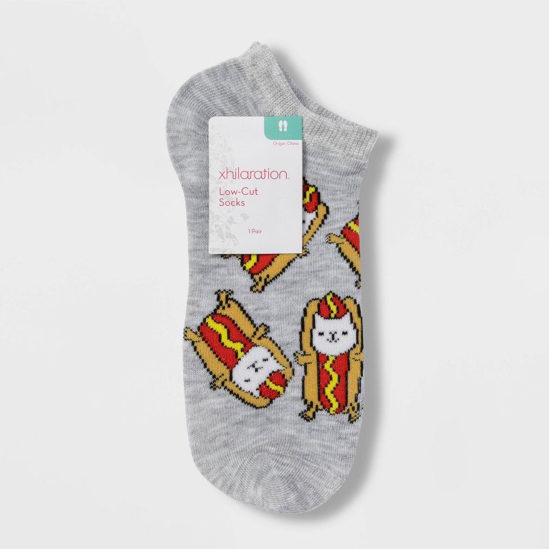 Women's Hotdog Cat Low Cut Socks - Xhilaration™ Heather Gray 4-10