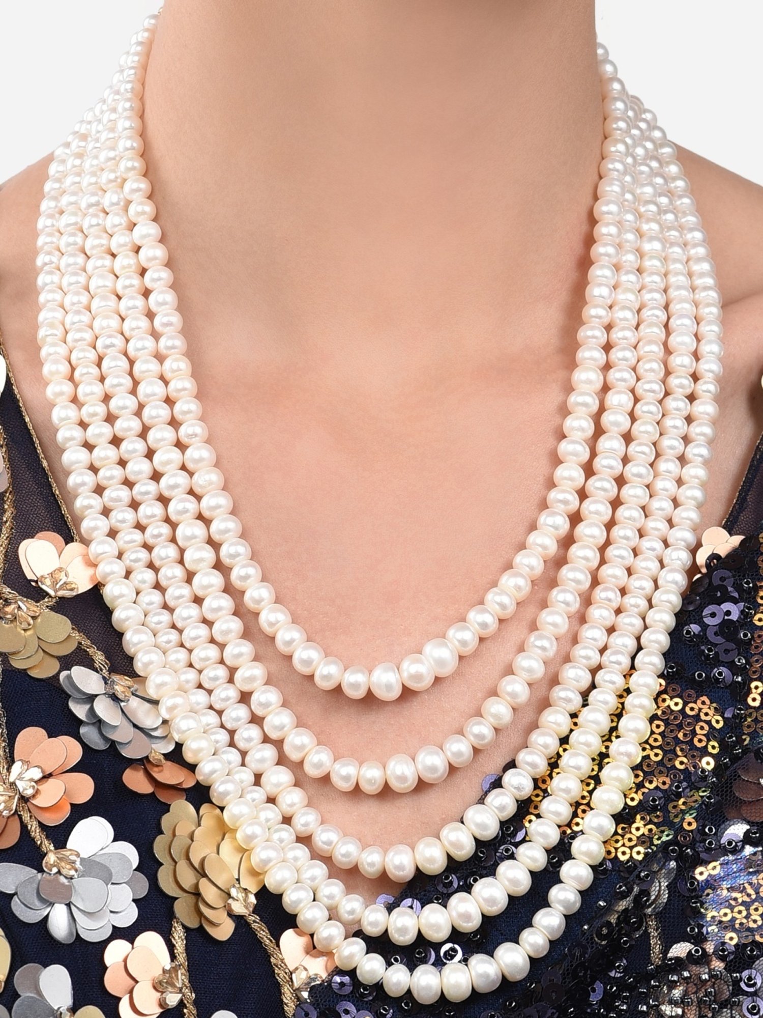 Zaveri Pearls White Freshwater 5Mm-10Mm Graduation Button Pearls Multi Layers Necklace-ZPFK13818