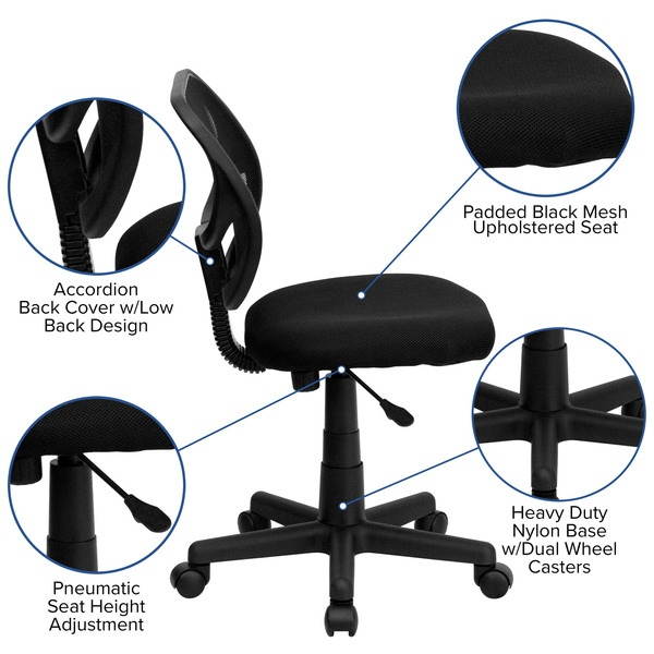 Low Back Black Mesh Swivel Task Office Chair with Curved Square Back