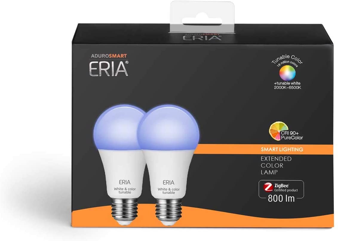 AduroSmart ERIA Colors + White Smart Light Bulb A19 (hub required) 16 Million Colors and Tunable White 2000-6500K Dimmable, works with Alexa/ Echo Plus/ Eria / Hue / Google Assistant