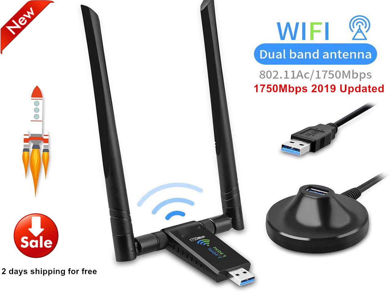 1750Mbps Wireless USB Wifi Adapter, AC1750 Dual Band 2.4GHz/450Mbps 5GHz/1300Mbps wifi Lan Card,802.11 ac/a/b/g/n, Dual High Gain Dual 5dBi Antennas Network dongle for Windows XP/7/8/10,MAC OS X