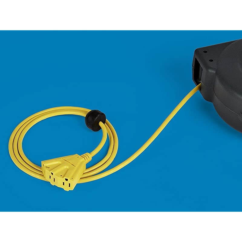 Extension Cord Reel Heavy Duty Retractable 12AWG x 40 Feet Industrial Grade 3CSJT Cable with Triple Tap Connector and Swivel Bracket Power Rating 15A 125VAC 1875W 60Hz