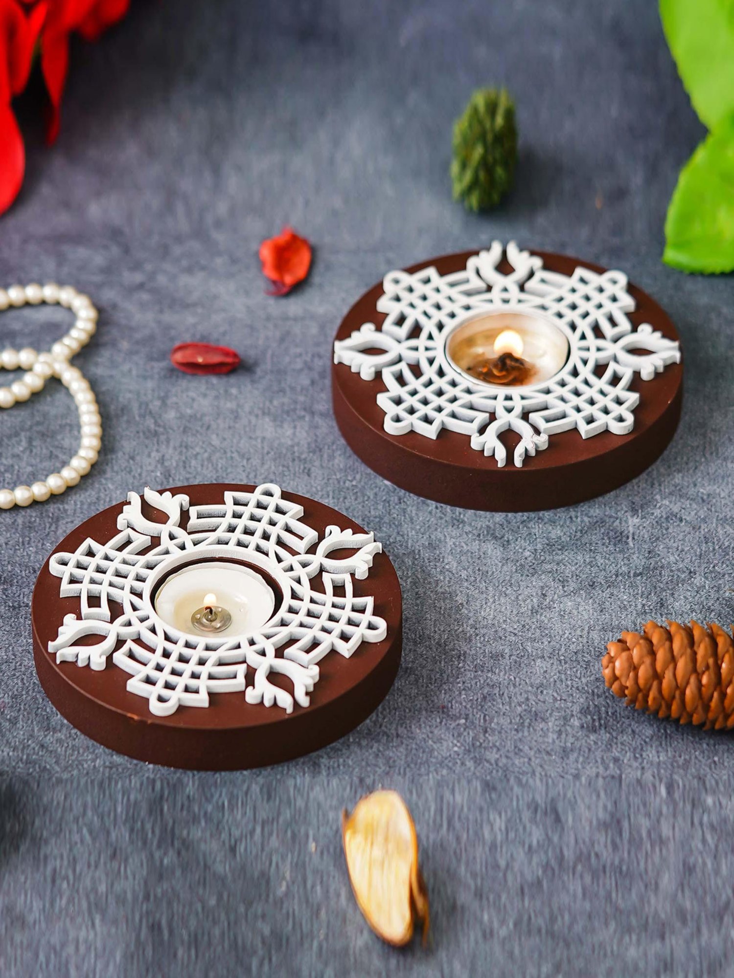 eCraftIndia Set of 12 Round Wooden Block Print Tea Light Candle Holders, Diya Stands