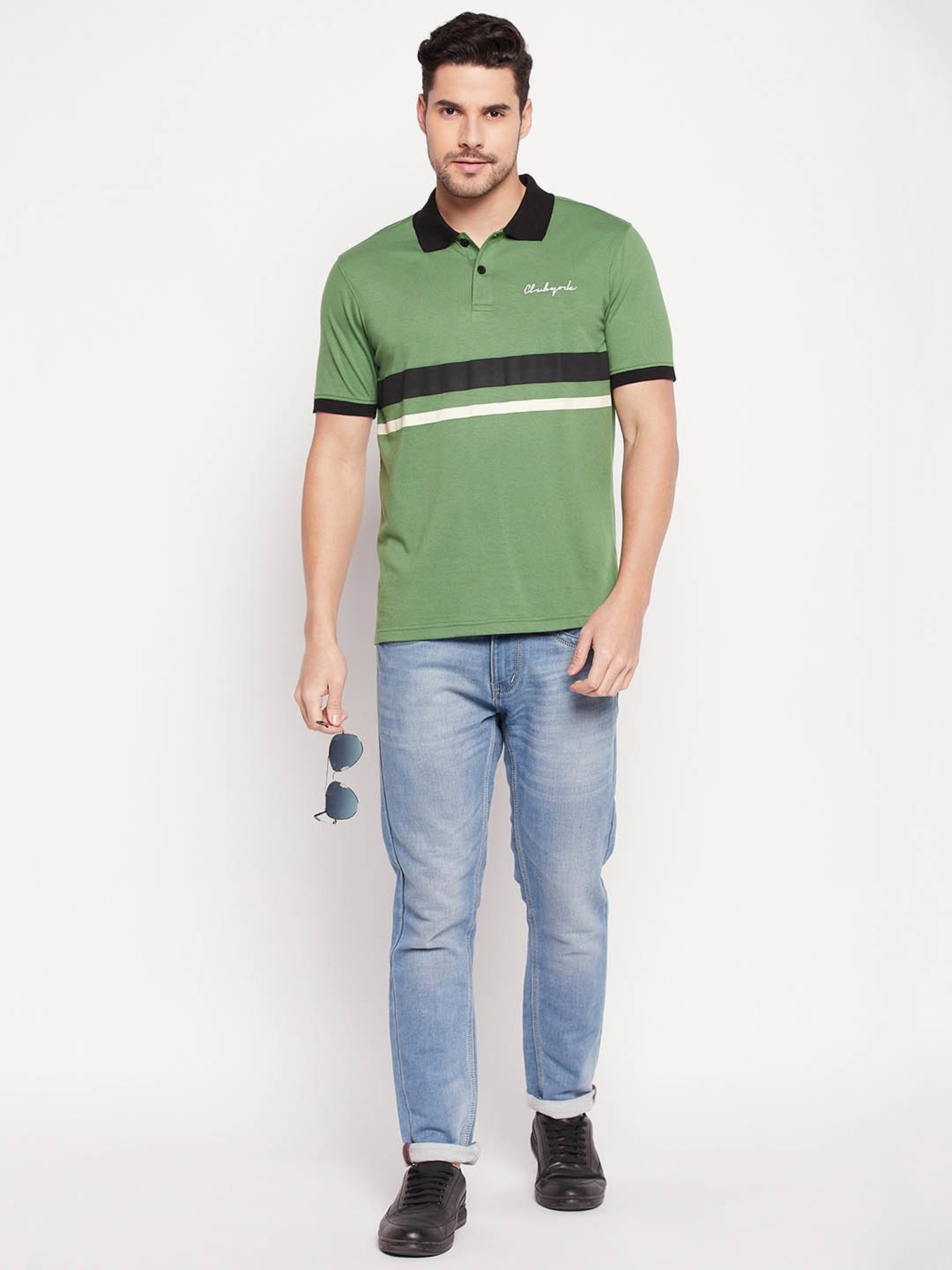 Club York Green Regular Fit Striped Polo T-Shirt