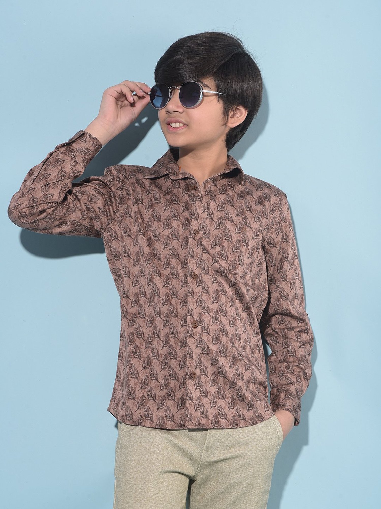 Crimsoune Club Kids Brown Printed Full Sleeves Shirt