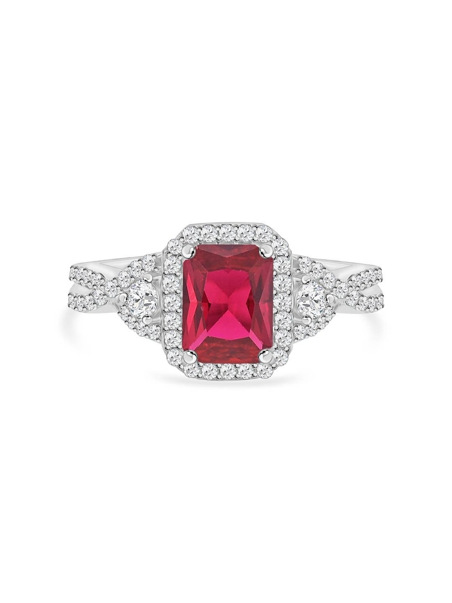 925 Silver Cushion Red Ruby and American Diamond Classic Halo Wedding Ring for Women & Girls