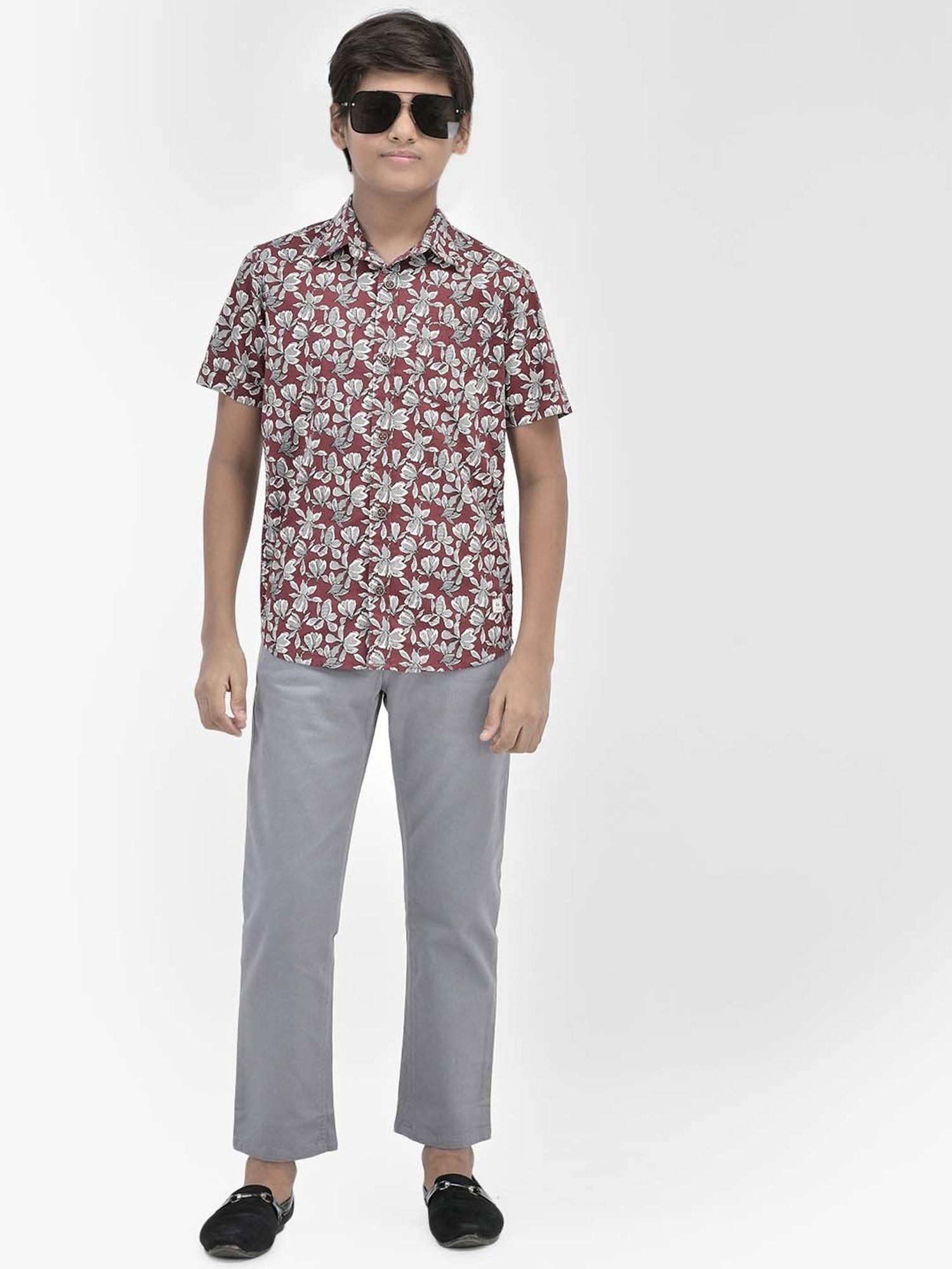 Crimsoune Club Kids Maroon Cotton Floral Print Shirt
