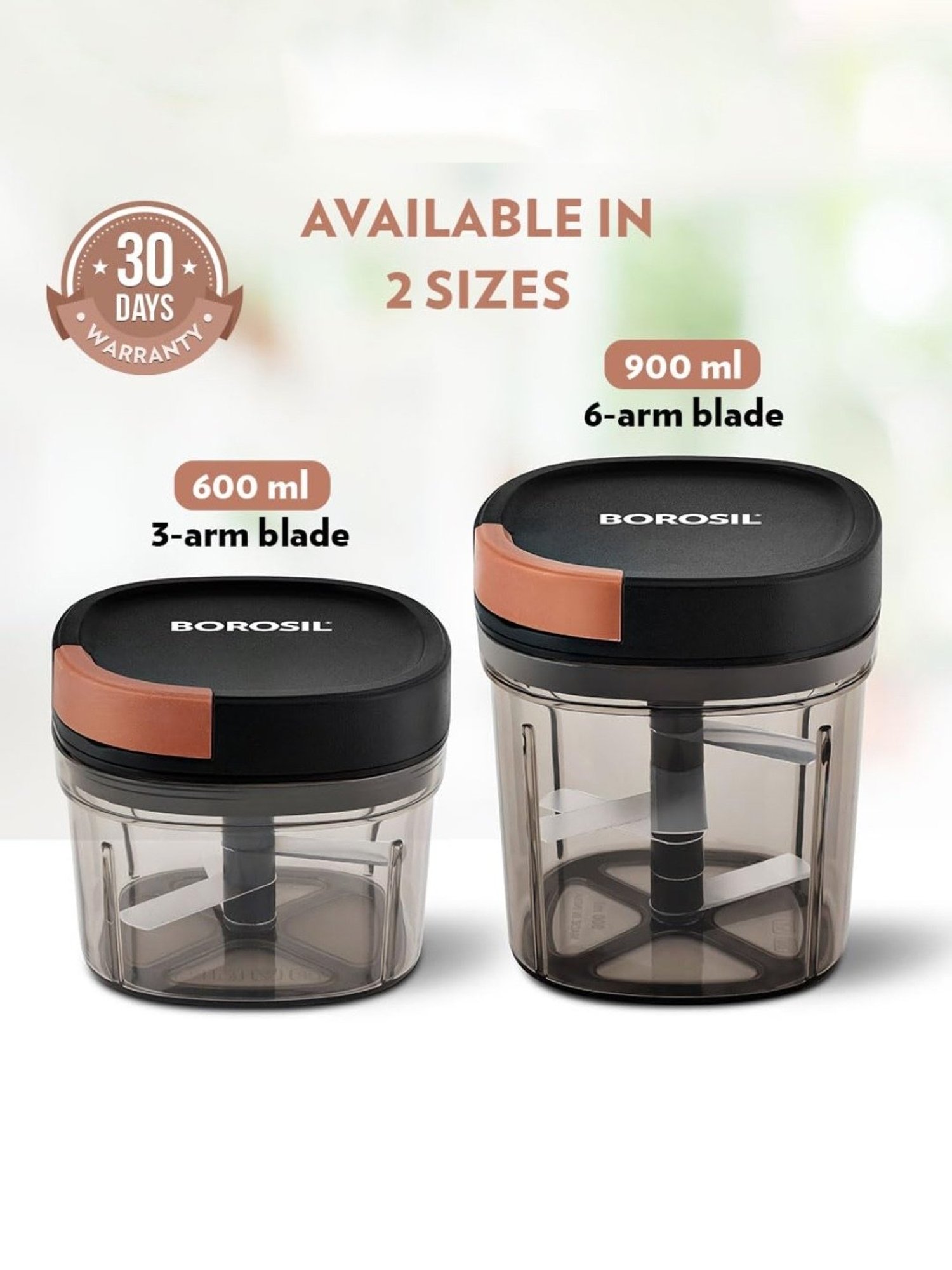 Borosil Chopper 600 ml with 3 Blades & Durable String (Black)