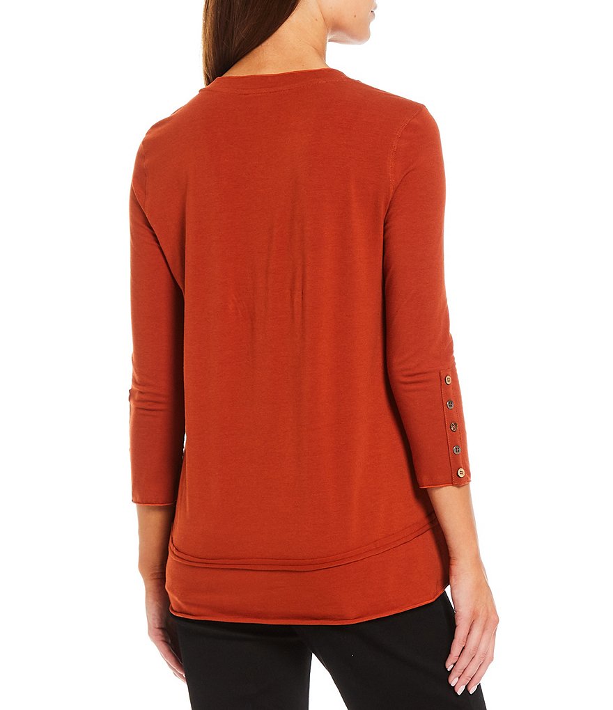 Multiples Band Crew Neck Seamed Detail Button Trim 3/4 Sleeve Knit Top