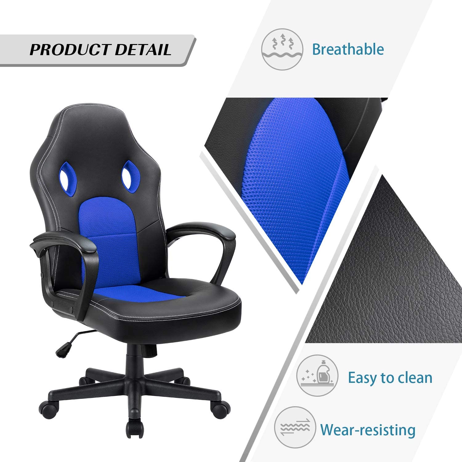 Furmax Office Desk Leather Gaming, High Back Ergonomic Adjustable Racing Task Swivel Executive Computer Chair Headrest and Lumbar Support (Black)