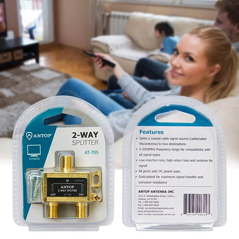 LowLoss 2 Way Coaxial Splitter for TV Antenna and Satellite 18K GoldPlated Chassis 2GHz 52050MHz All Port DC Power Passing