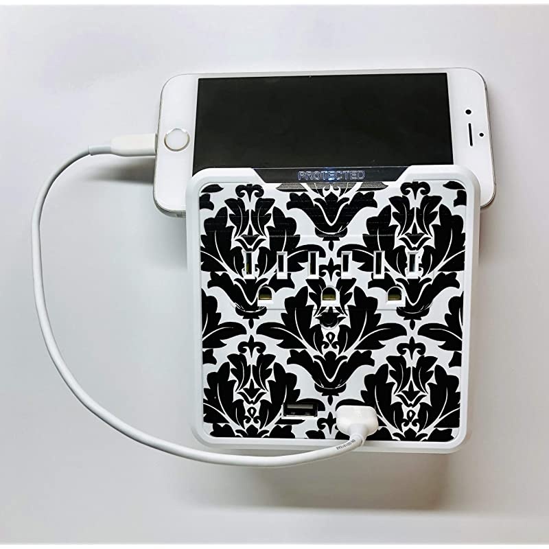 Decorative Wall Mount Surge Protector with 3 Outlets Dual USB Charging Ports and Phone Holder USB Charging CenterMulti Function Wall Tap Damask Provence