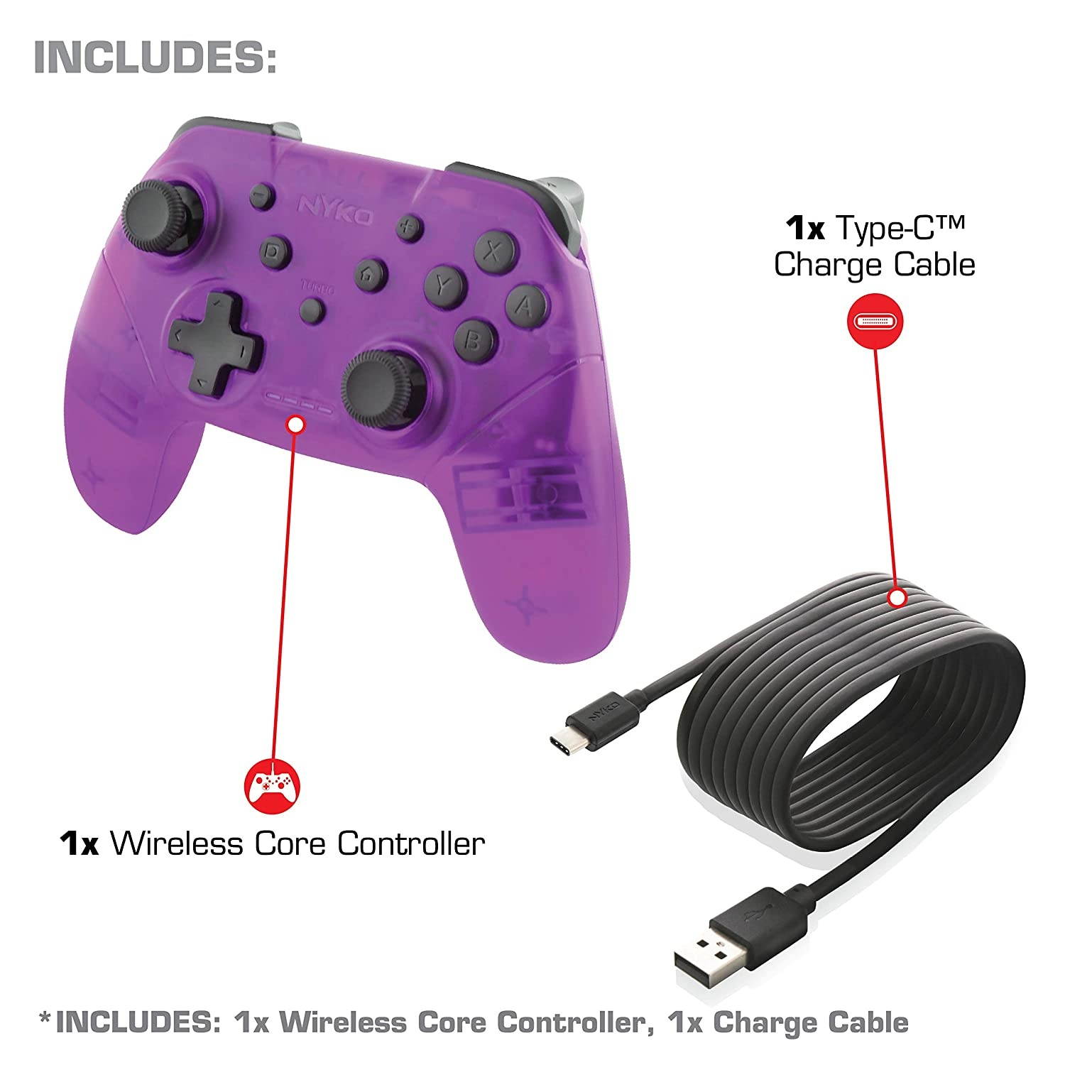 Nyko Wireless Core Controller - Bluetooth Pro Controller Alternative with Turbo and Android/PC Compatibility for Nintendo Switch - Purple