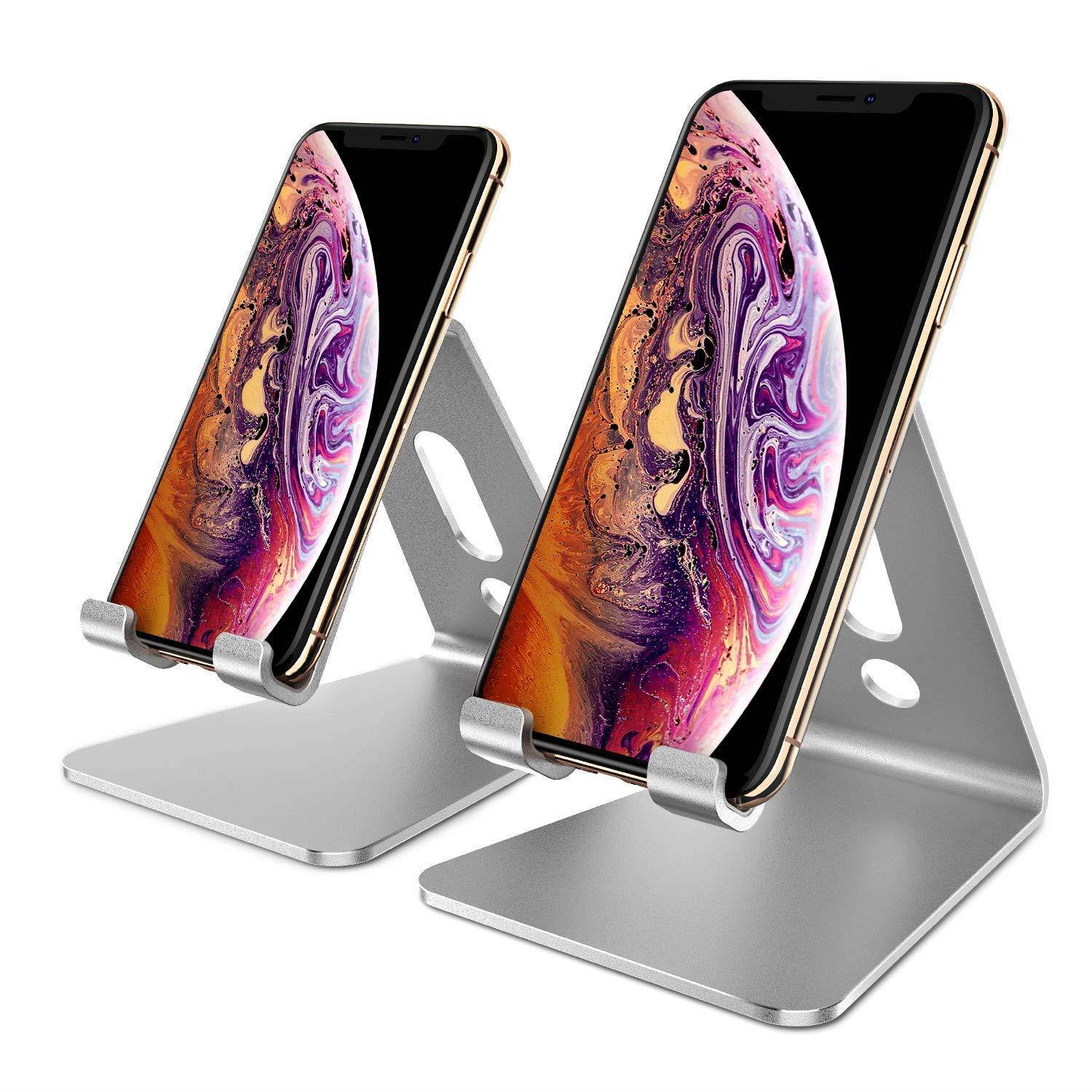OMOTON [2 Pack] Cell Phone Stand Phone Holder for Desk, Desktop Cell Phone Stand Compatible for All iPhone and Android Smartphone, Silver