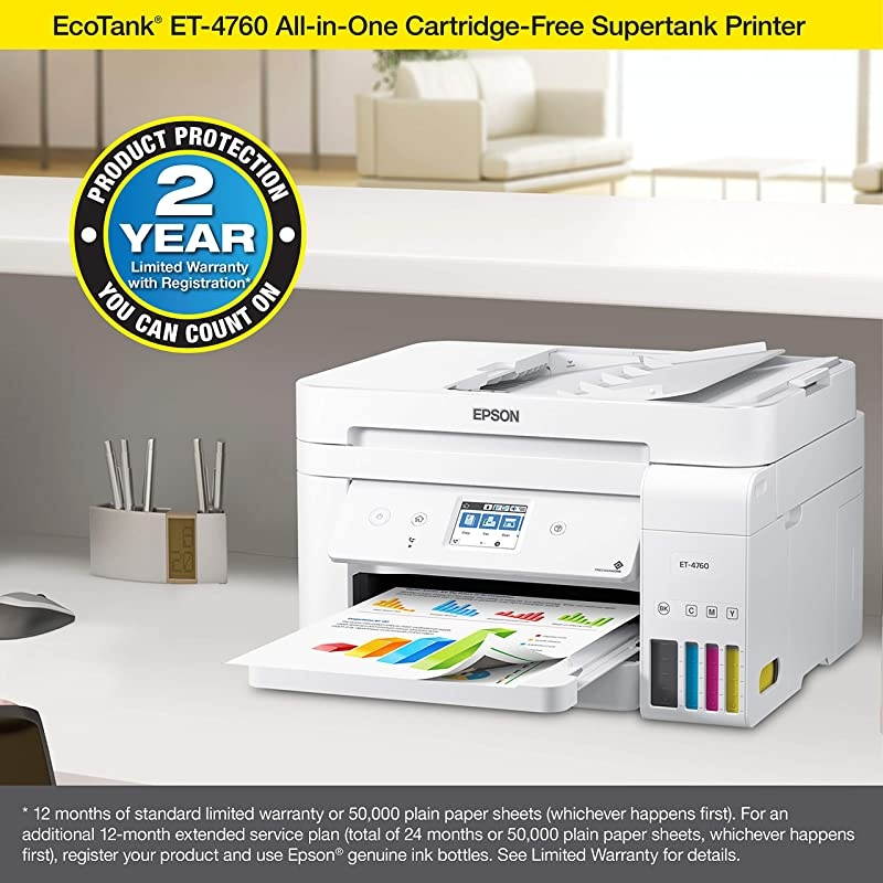 EcoTank ET4760 Wireless Color AllinOne CartridgeFree Supertank Printer with Scanner Copier Fax ADF and Ethernet White