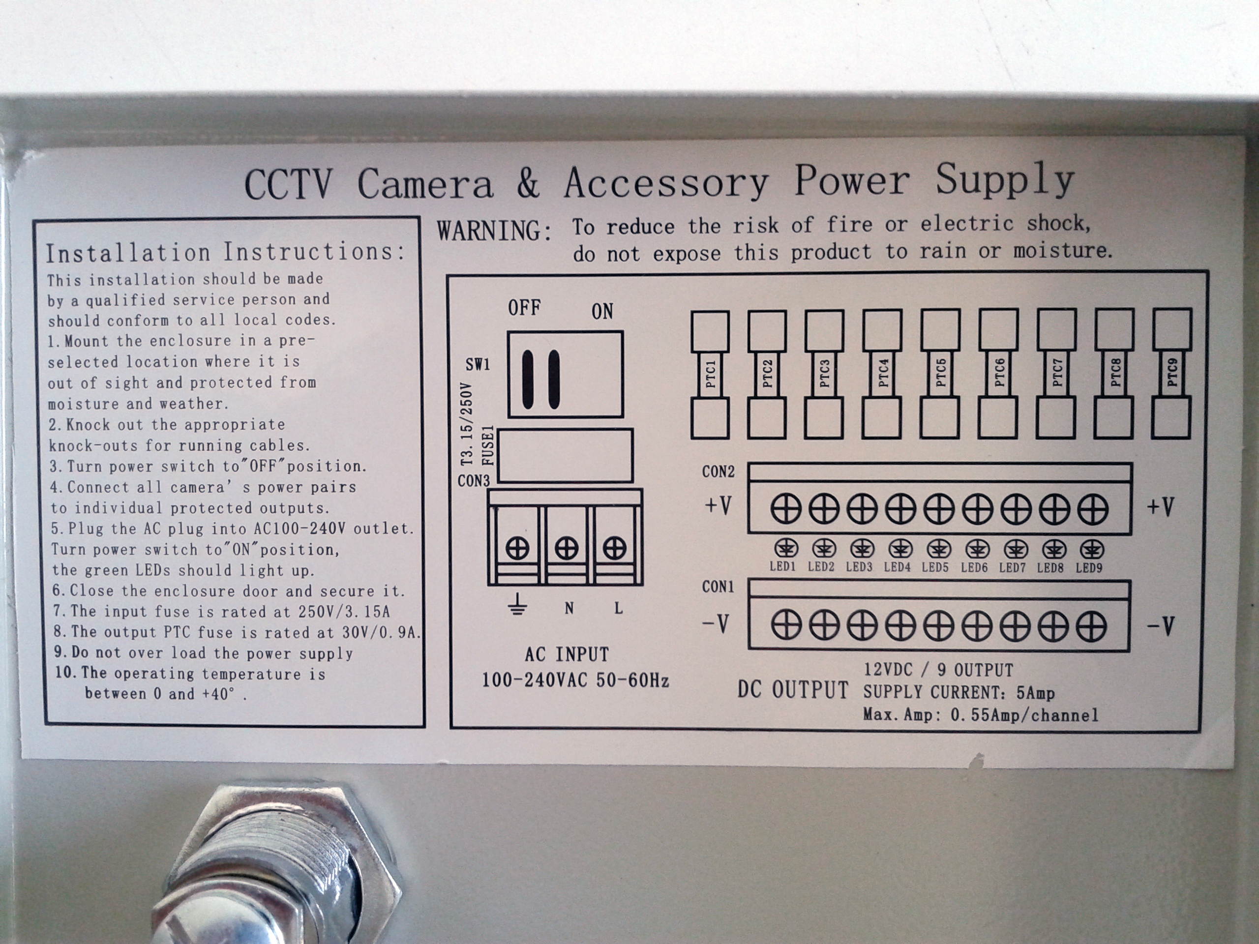 Smart Security Club 9ch CCTV Power Distributor Box Wall-Mount 5 Amp Compact