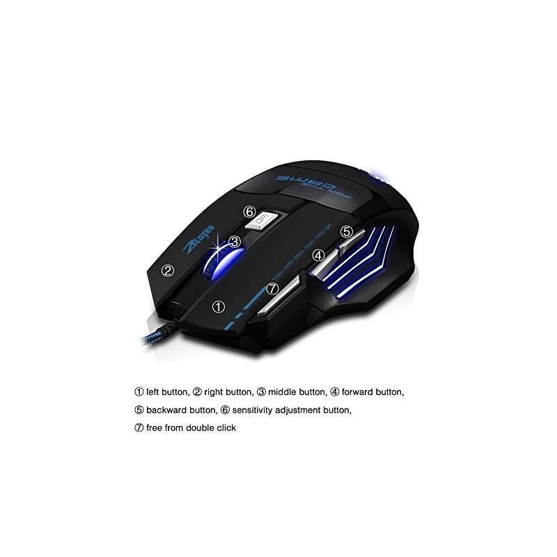 Zelotes Ergonomic 7200 DPI LED Optical Wired Gaming Mouse Mice 7 Buttons Compatible Mac Pro Gamer PC Laptop Desktop NotebookBlack BlackT80