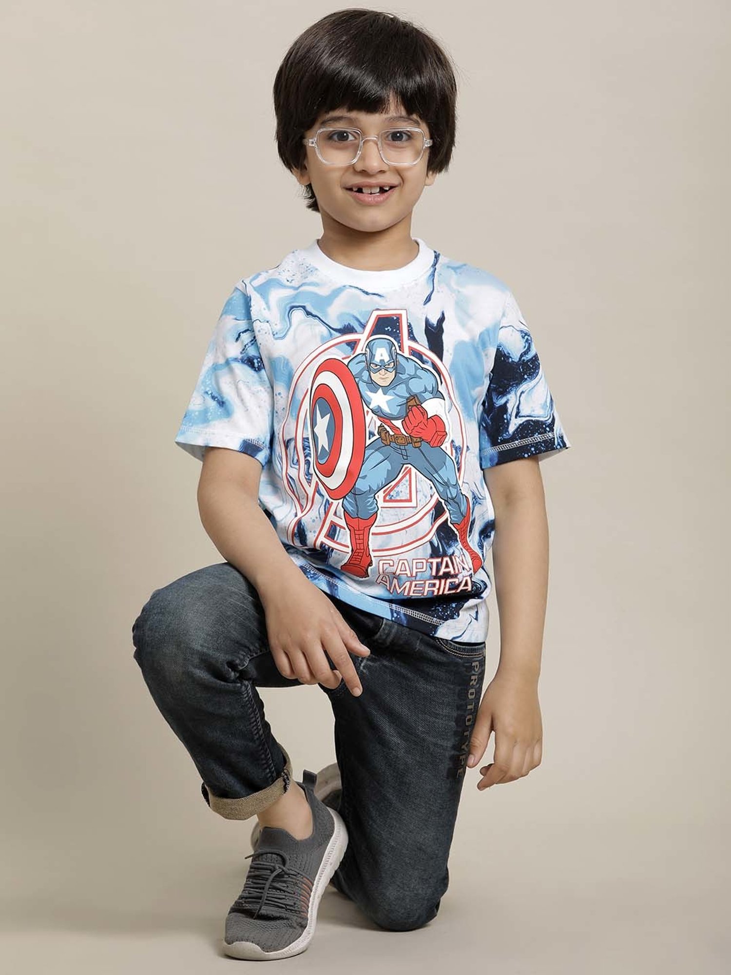 Kidsville Blue & Red Cotton Printed Captain America T-Shirt