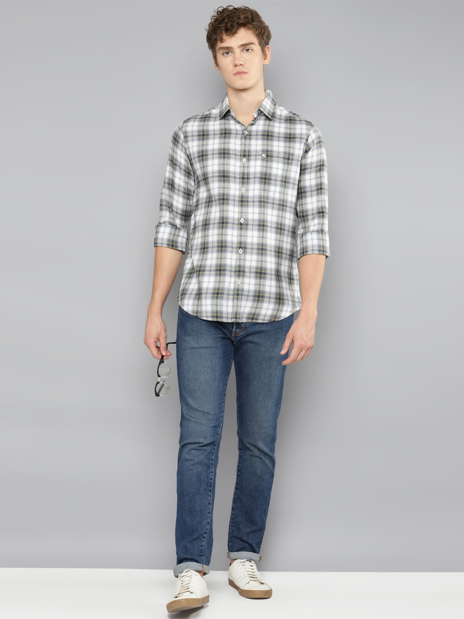 Allen cooper Light Beige & White Regular Fit Check Cotton Shirt