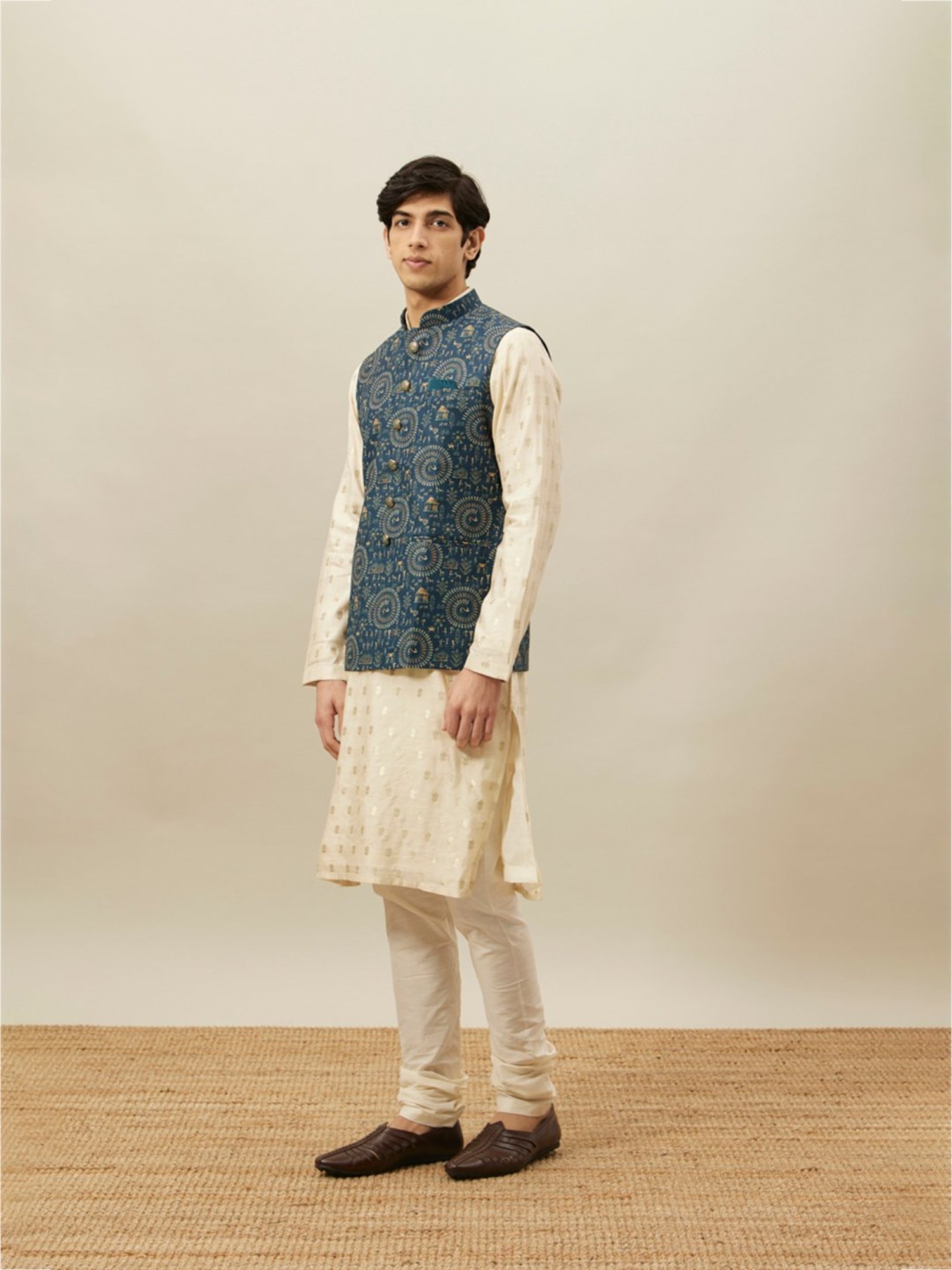 Manyavar Blue Regular Fit Printed Nehru Jacket
