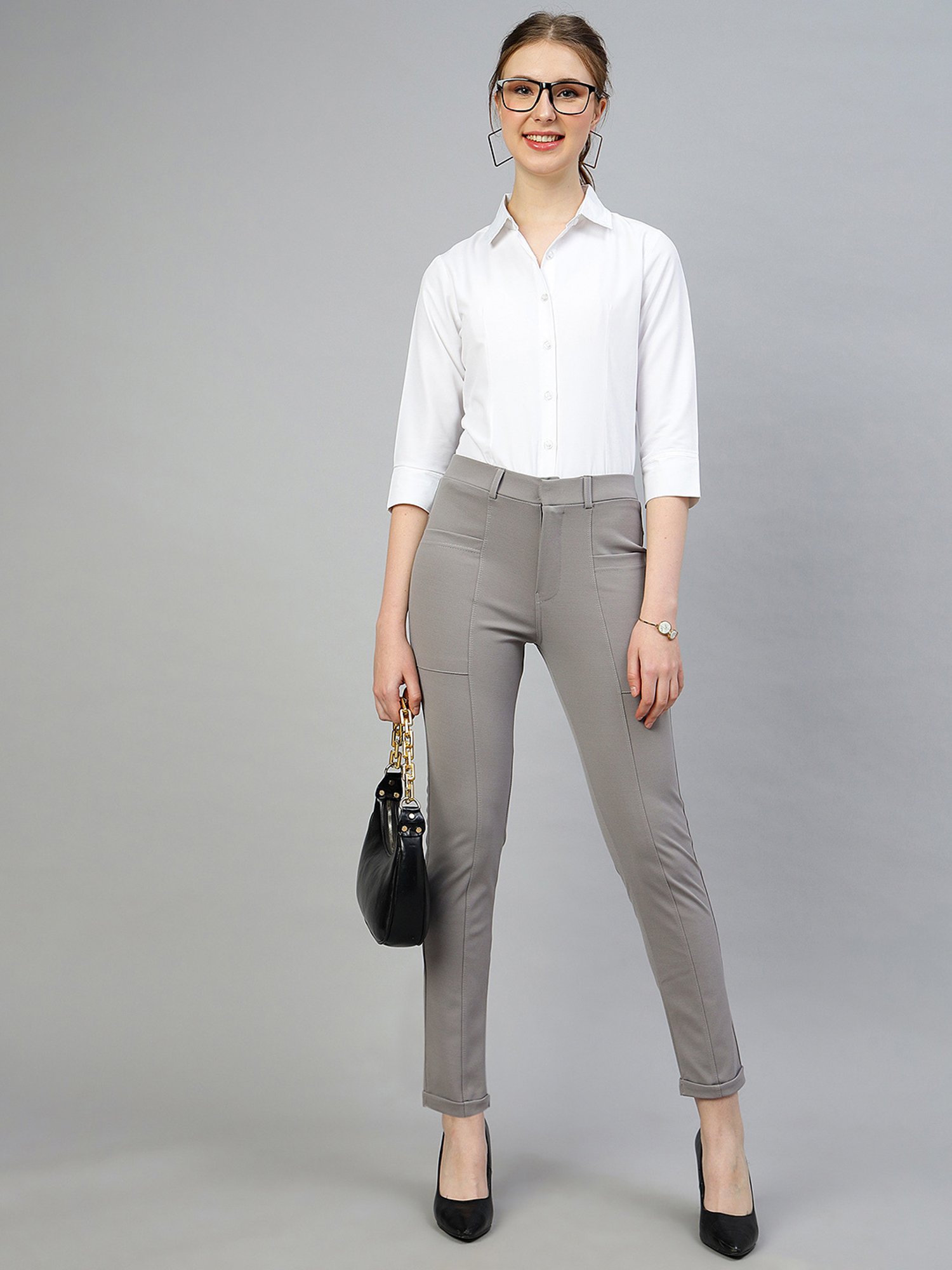 FITHUB Light Grey Slim Fit Mid Rise Trousers