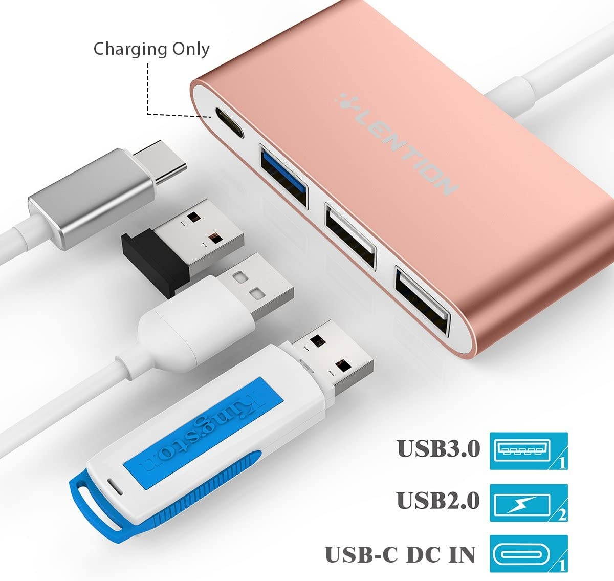 LENTION 4-in-1 USB-C Hub with Type C USB 3.0 USB 2.0 Compatible 2020-2016 MacBook Pro 13/15/16 New Mac Air/Surface ChromeBook More Multiport Charging & Connecting Adapter (CB-C13 Rose Gold)