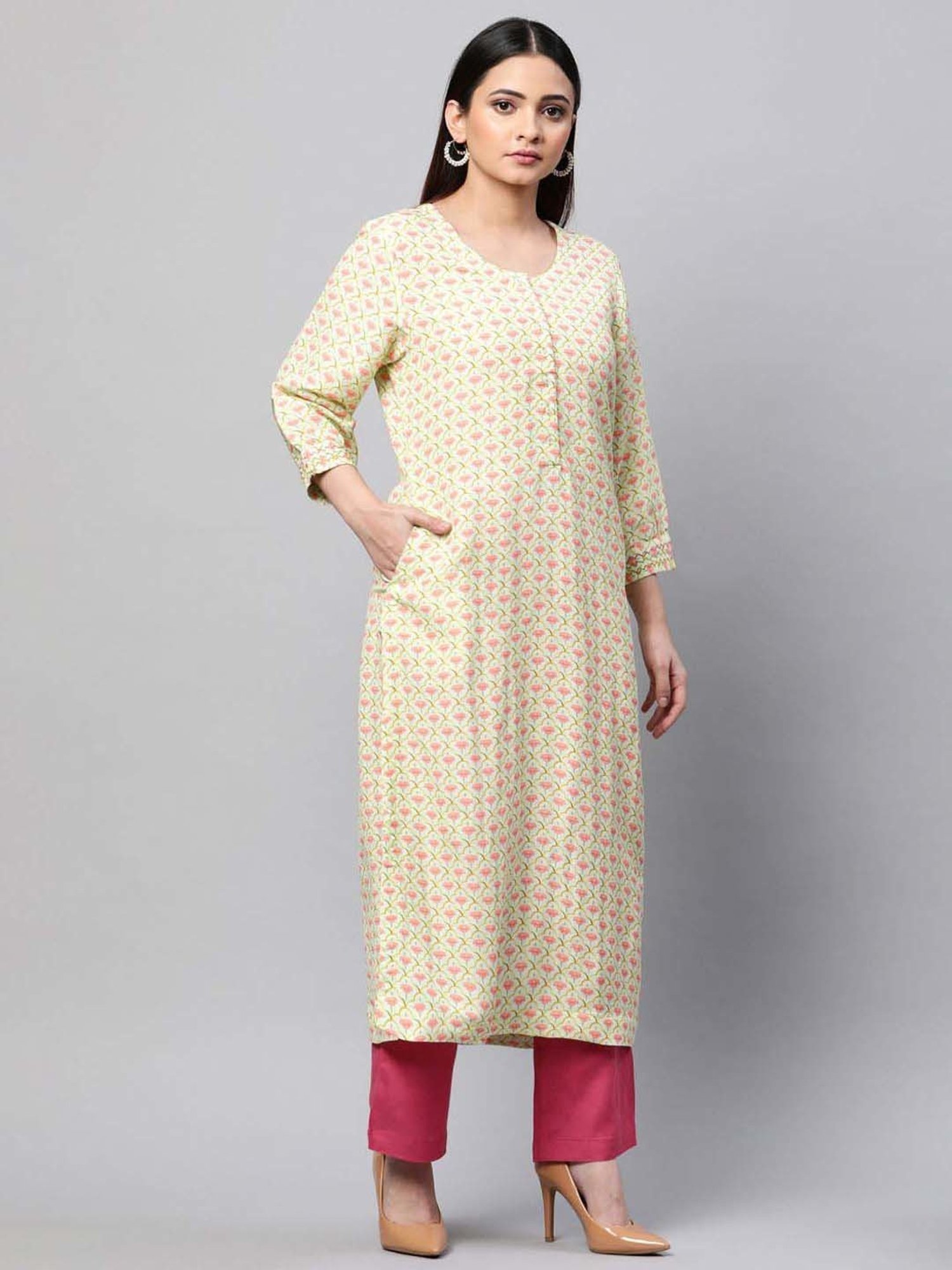 Linen Club Woman Beige Linen Floral Print Straight Kurta