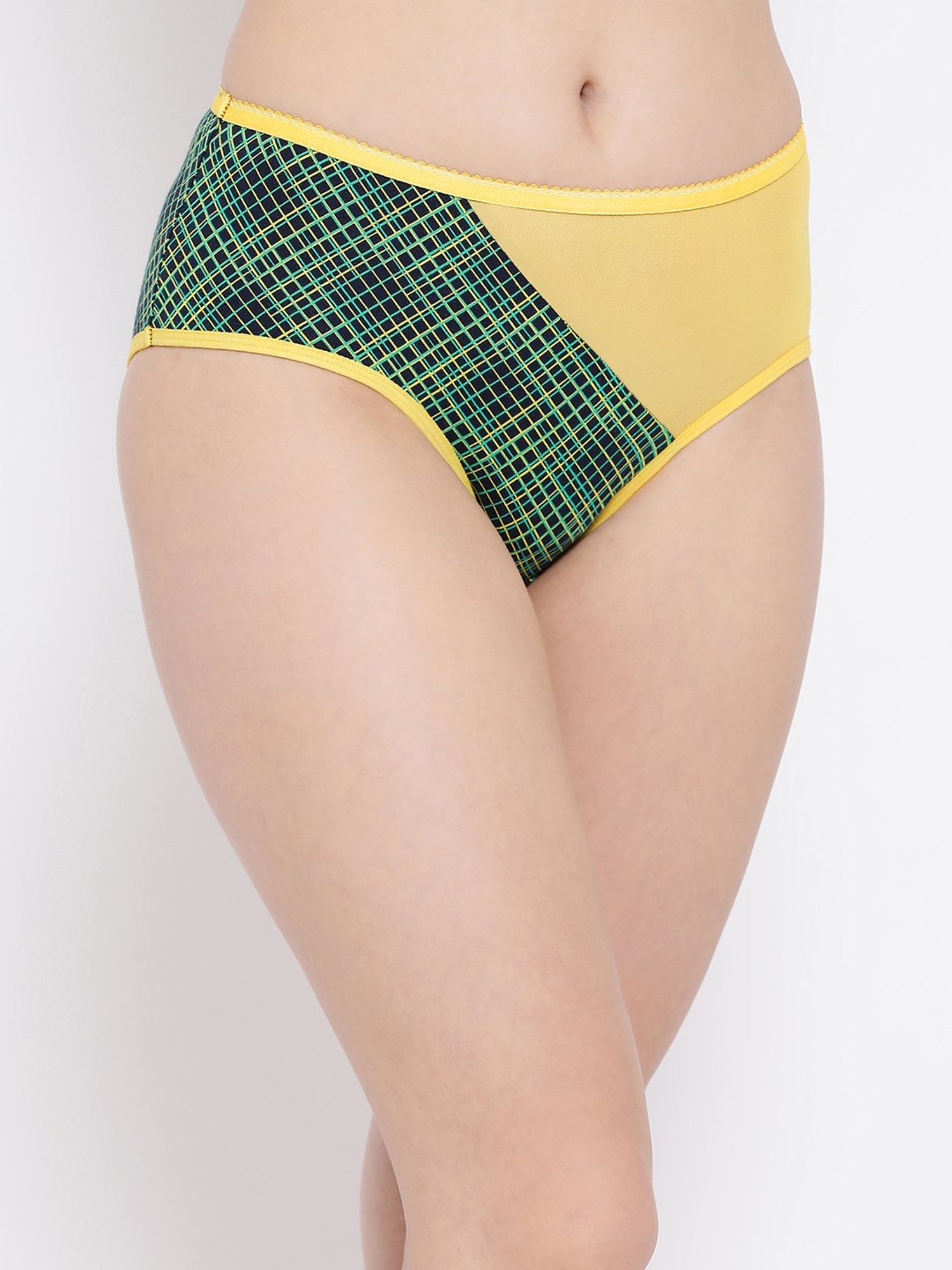 Clovia Navy & Yellow Checks Mid Waist Hipster Panty