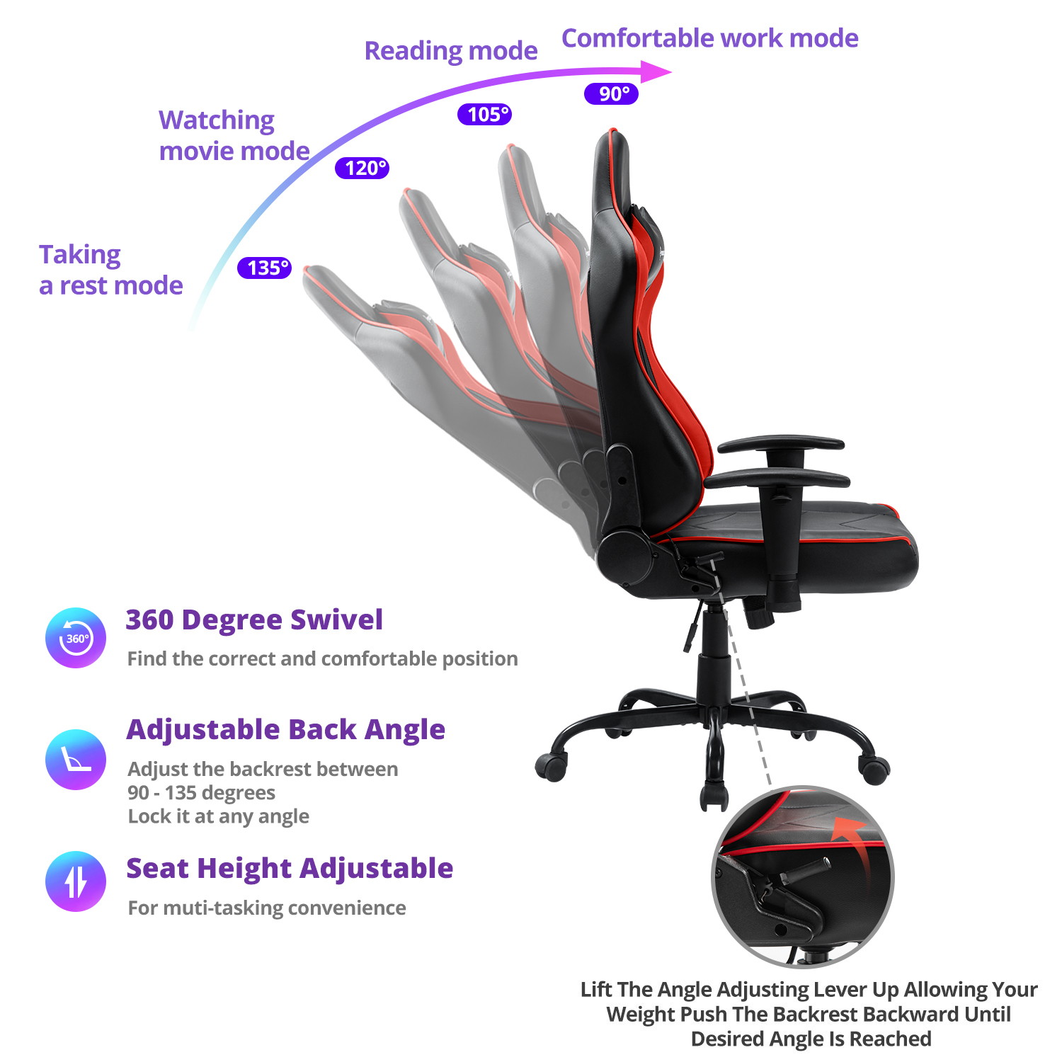 Gaming Chair, Racing Style Computer Desk Chair Padded Armrests Ergonomic Lumbar Support Adjustable Height