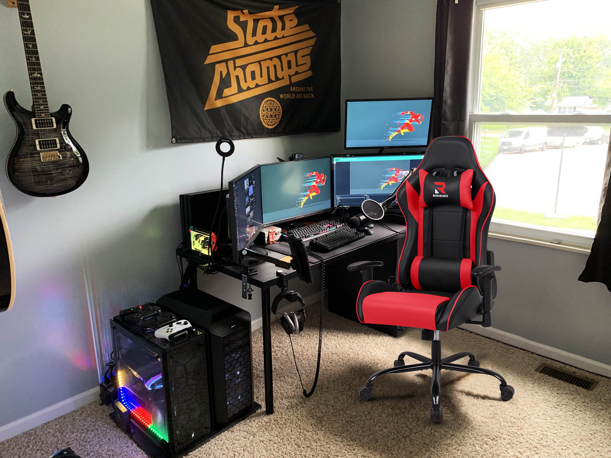 RIMIKING Massage Racing High Back Ergonomic  Computer Gaming Chair  Soft Headrest&Backrest Desk Chair Swivel Adjustable Armrest  Office Chair