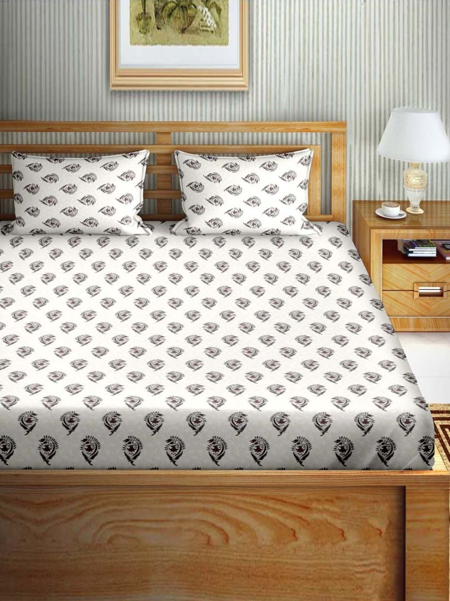 Bella Casa Stella Collection Brown Cotton 180 TC King Size Bedsheet with 2 Pillow Covers