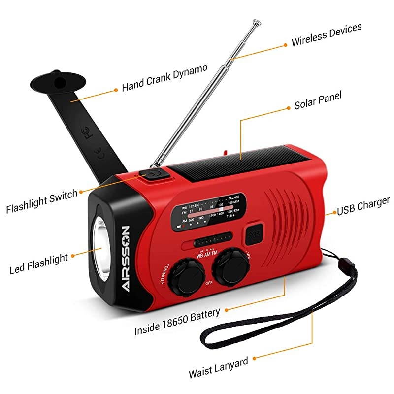 SOS 2000mAh Emergency Solar Hand Crank Portable RadioNOAA Weather Radio for Household and Emergency with AMFMLED FlashlightReading LampUSB ChargerBattery Indicator Red
