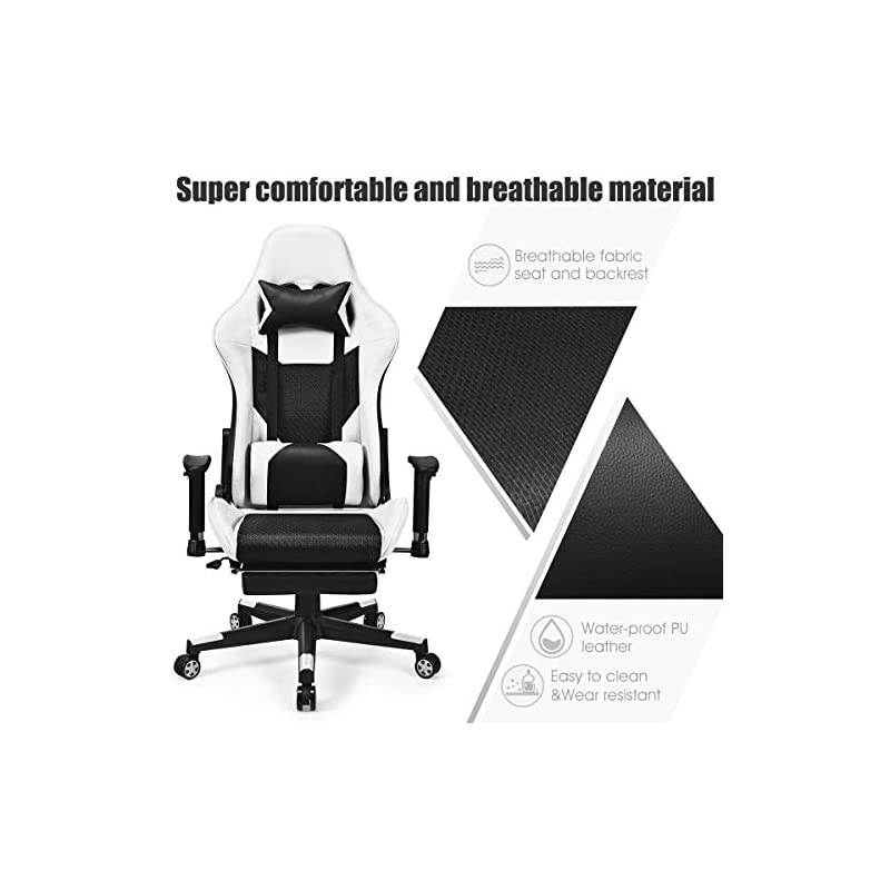 Massage Gaming Chair, Adjustable High Back with Health Massager Lumbar Support, Thick Memory Sponge with 360 Degree Revolving Chair Seat, Retractable Foot Shelf (White)