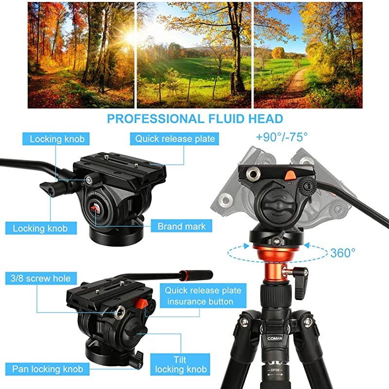 Fluid Head Tripod,  Video Camera Tripod Monopod Aluminium Alloy 70.8 inch for Canon Nikon Sony DSLR Camera