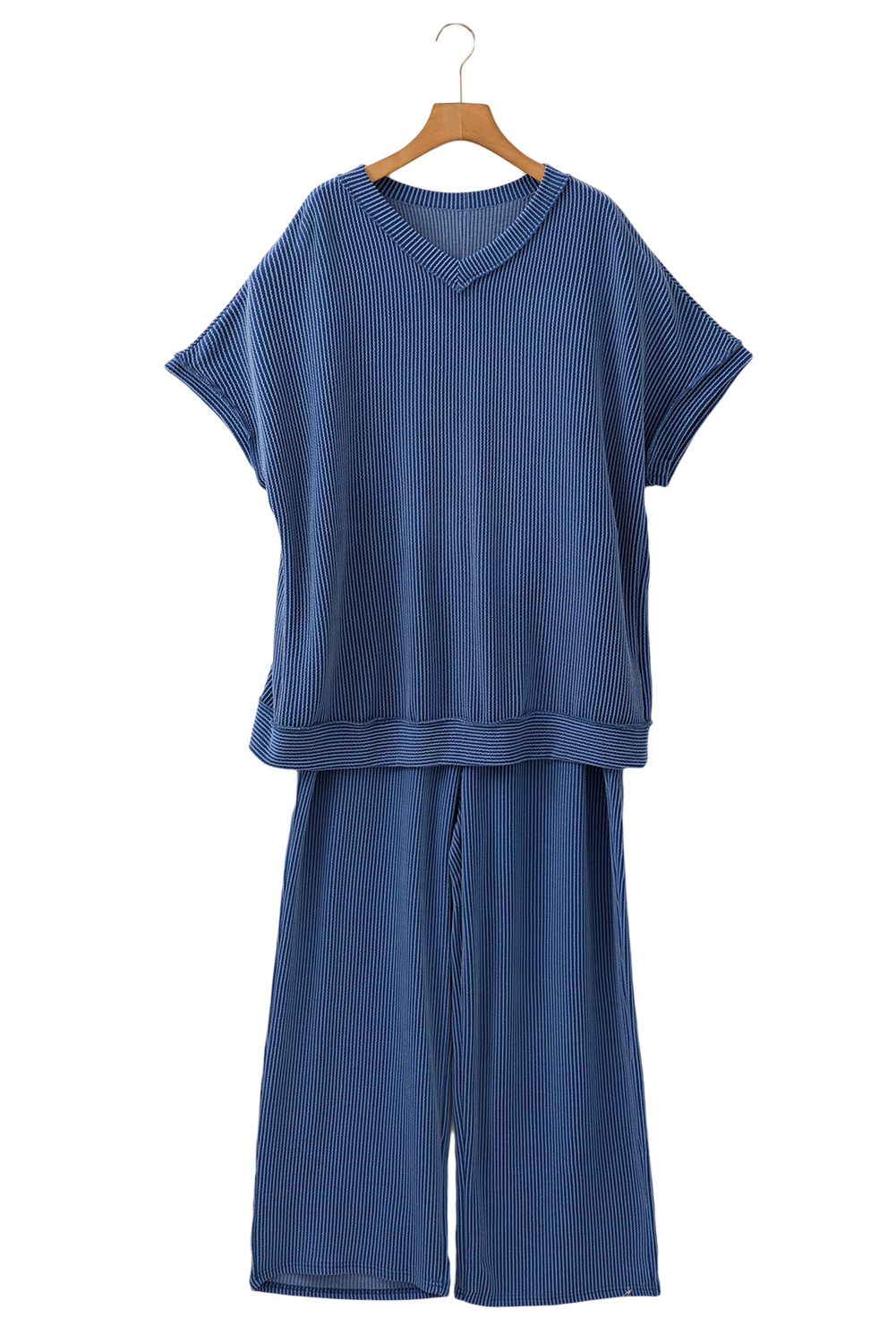 Rose Red Solid Waffle Knit Plus Size Two Piece Shorts Set