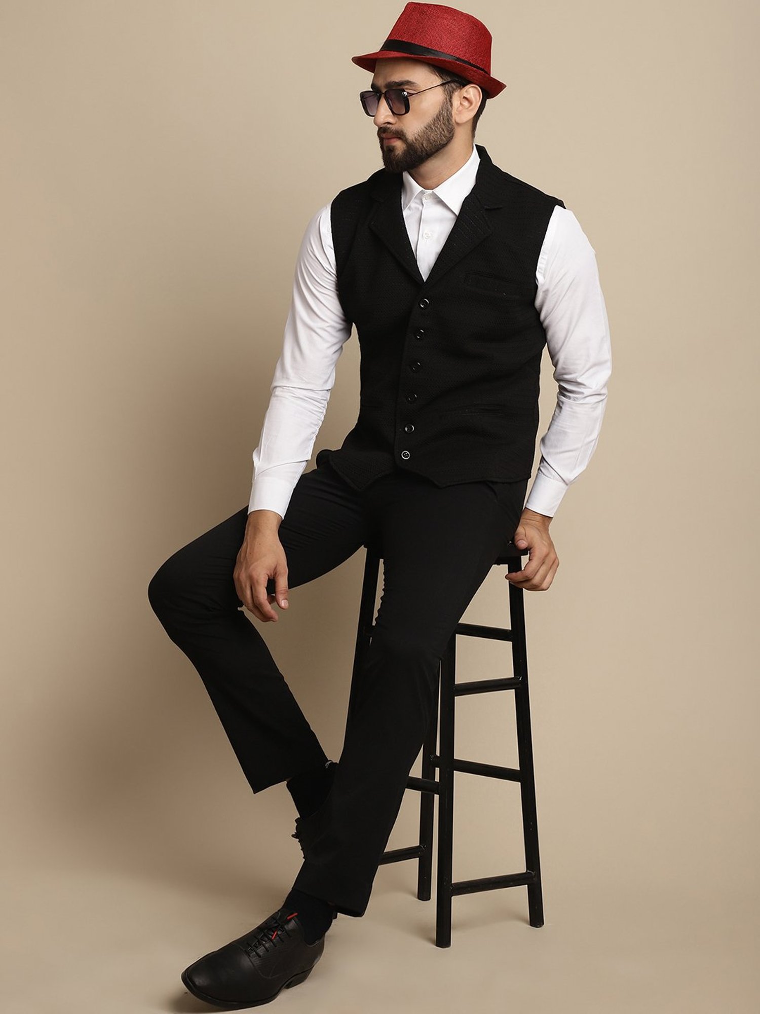 Even Black Regular Fit Self Design Notch Lapel Waistcoat