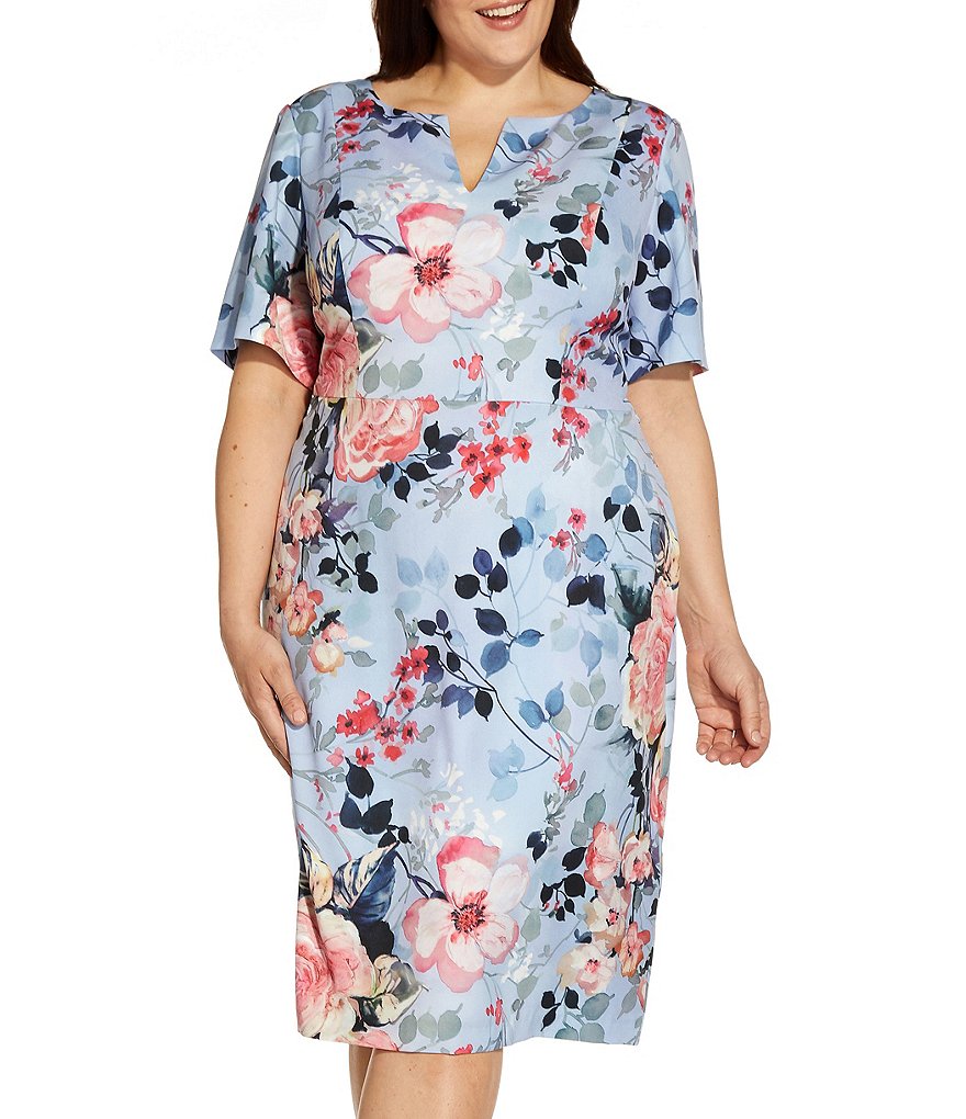 Jessica Howard Plus Size Crew Neck 3/4 Sleeve Printed Trapeze Dress